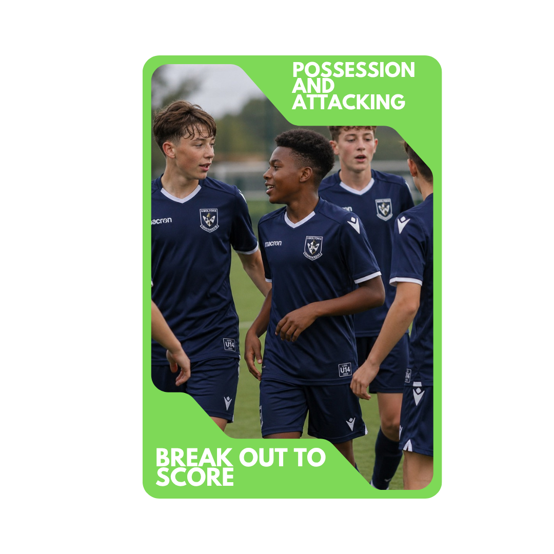 Young soccer players in blue jerseys celebrating on the field with text overlay reading "Possession and Attacking" and "Break Out to Score" on a green background.