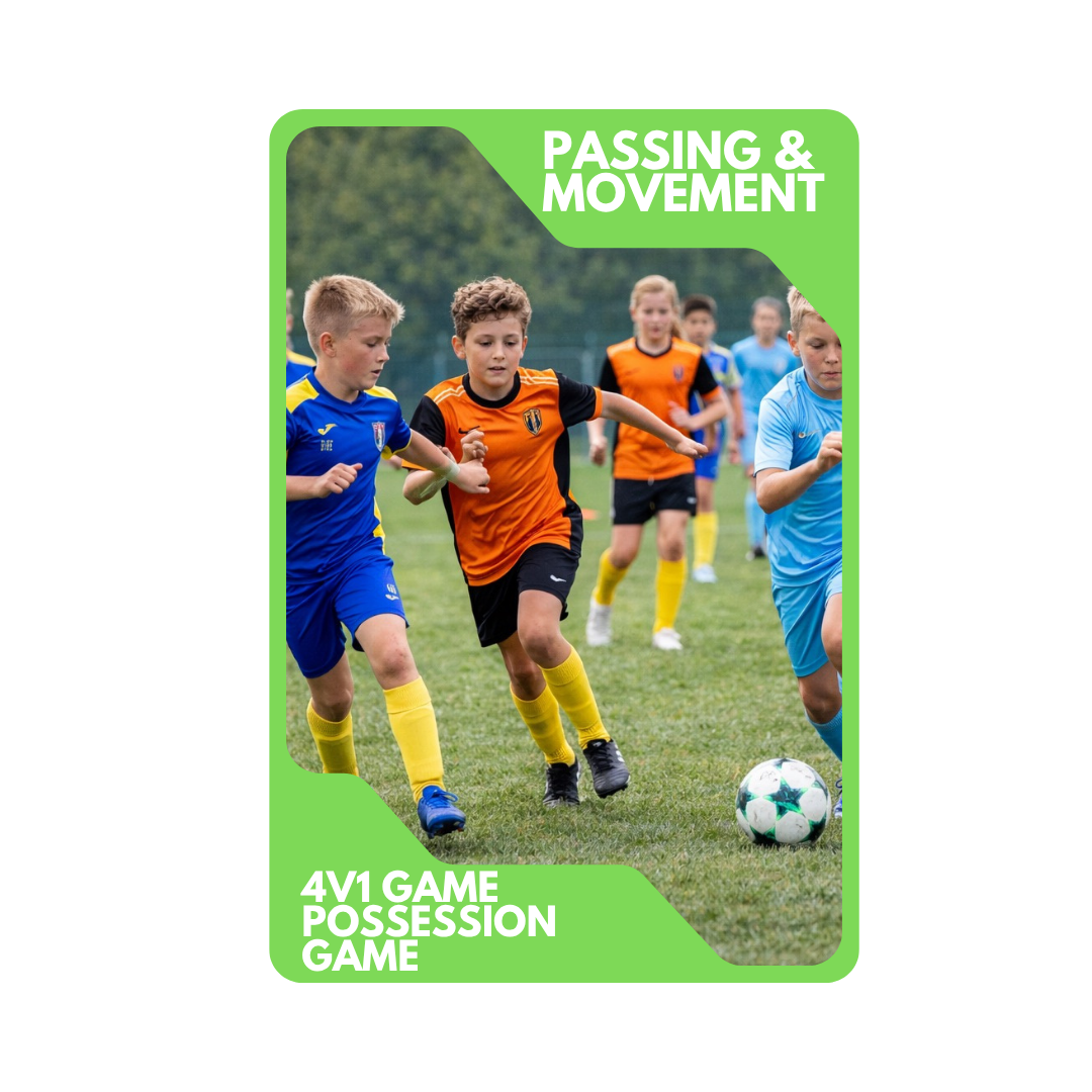 Children playing soccer on a field, wearing colorful sports uniforms, with a focus on passing and movement skills.