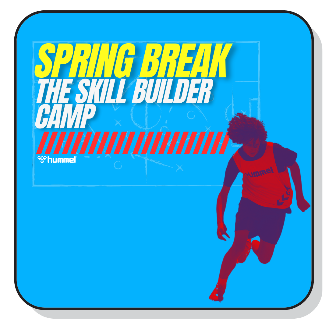 Poster promoting Hummel's spring break skill builder camp, showing a person running in athletic attire with a blue background and text.