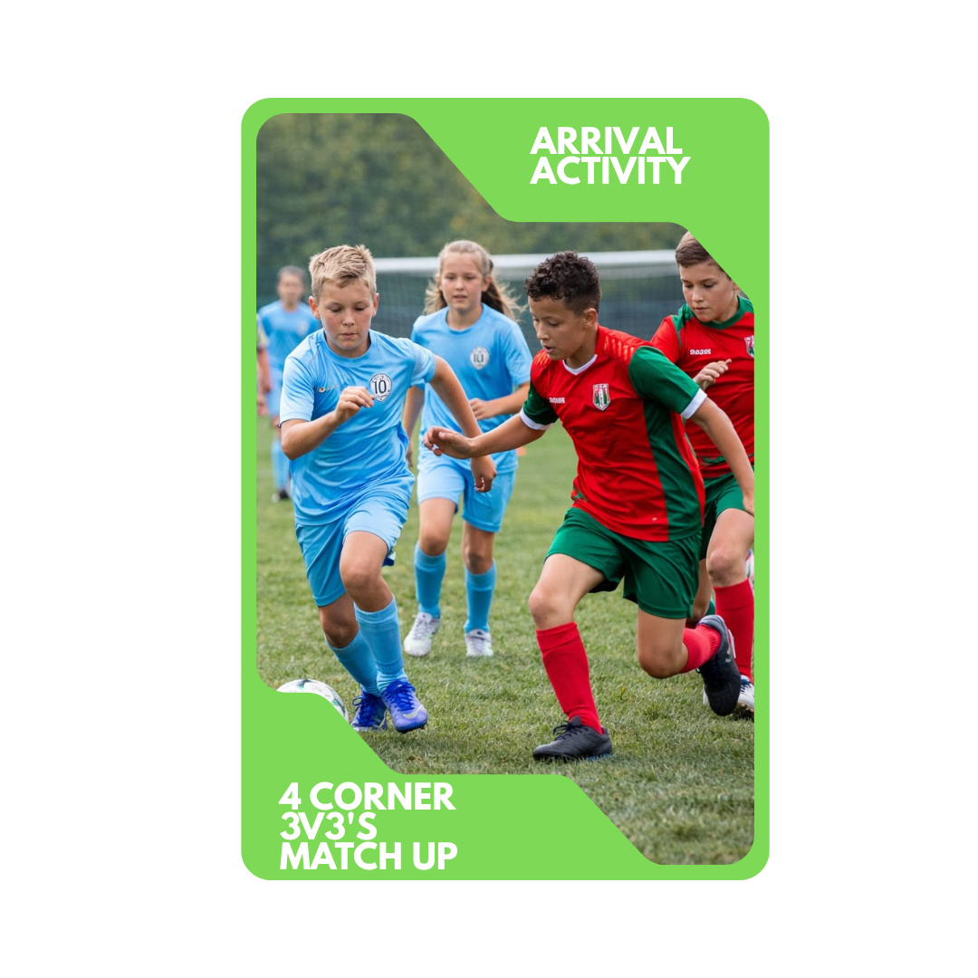 Children playing soccer on a grass field, wearing different team uniforms, with a green and white graphic overlay that says 'Arrival Activity' at the top and '4 Corner 3V3's Match Up' at the bottom.