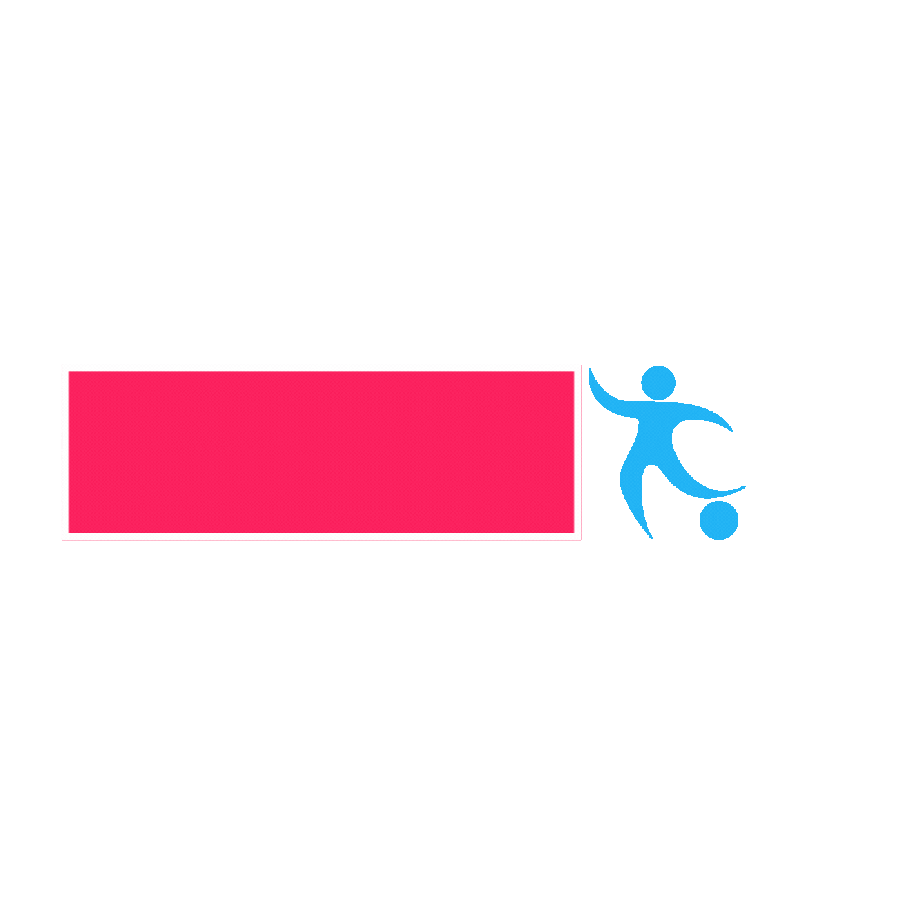 A pink background with a white rectangular box and a blue simplified human figure playing soccer.