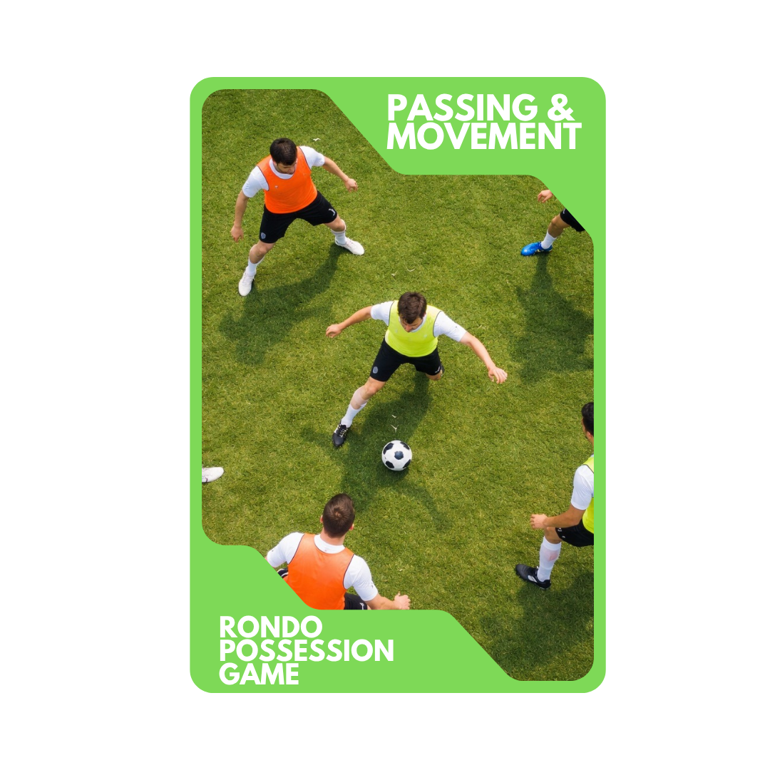 Soccer players practicing passing and movement on a grassy field, with one player in a yellow vest controlling the ball surrounded by teammates in orange vests.