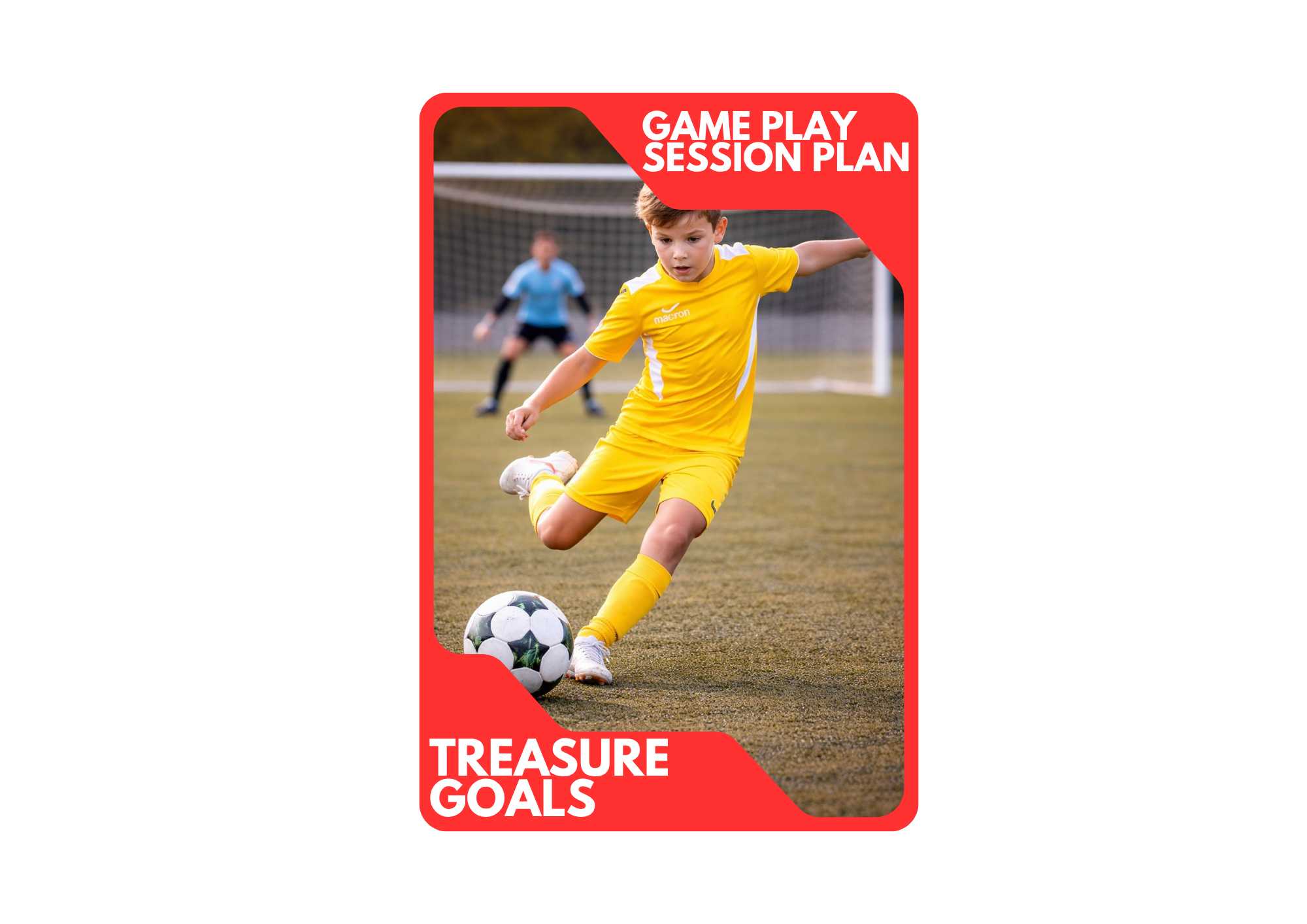 A young boy in a yellow soccer uniform kicks a soccer ball on a field, with another person in the background.