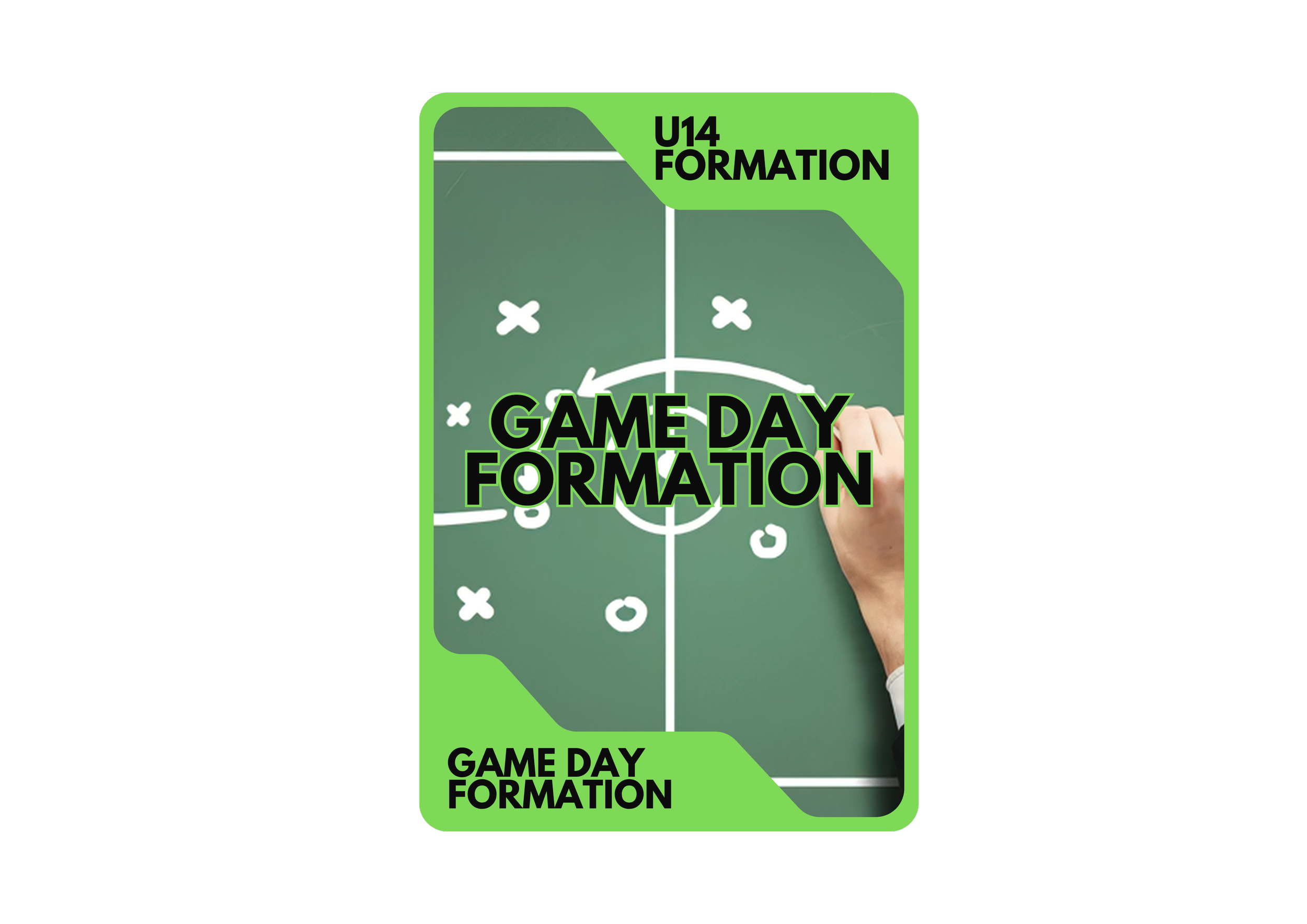 Green and black sports strategy diagram for game day formation with a partial view of a person drawing on a chalkboard.