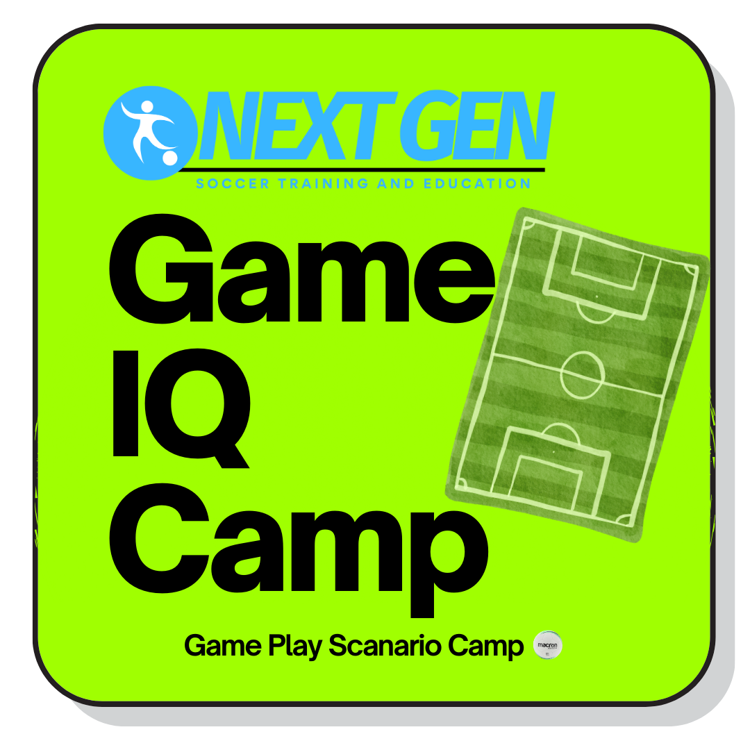 Bright green poster advertising 'Game IQ Camp' by Next Gen Soccer Training and Education with text and a diagram of a soccer field