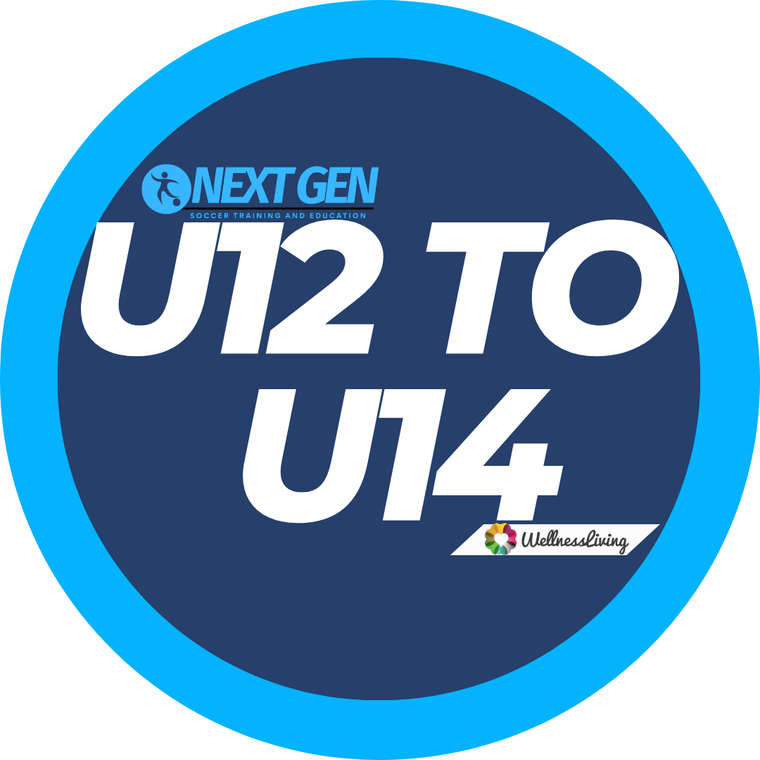 Circular logo for NEXT GEN soccer training with a dark blue background, white text reading "U12 TO U14", and a small WellnessLiving logo at the bottom right.