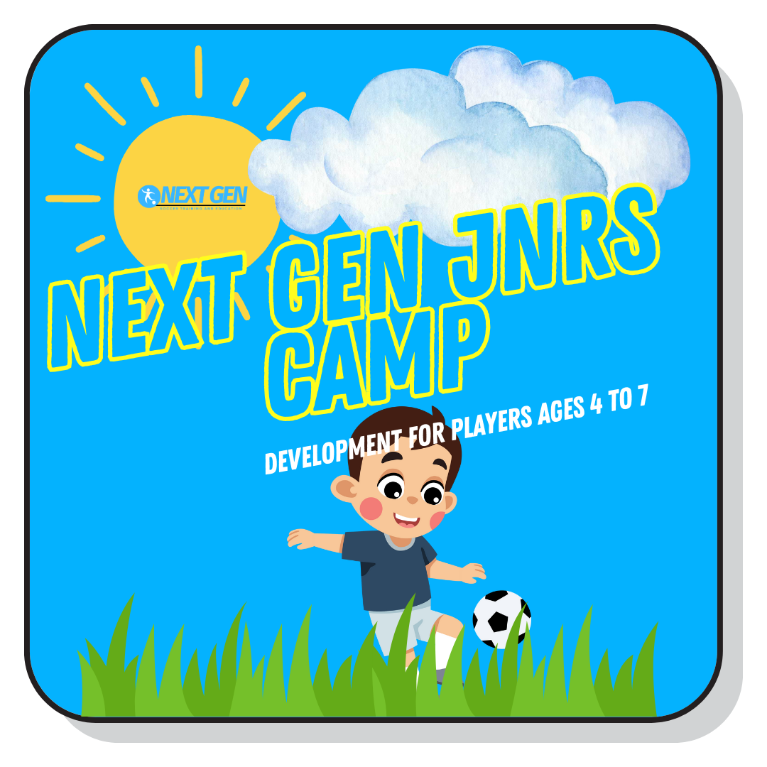 Colorful promotion poster for Next Gen JNRs camp for children aged 4 to 7, featuring a smiling boy with a soccer ball, a bright sun, and clouds on a blue sky background.