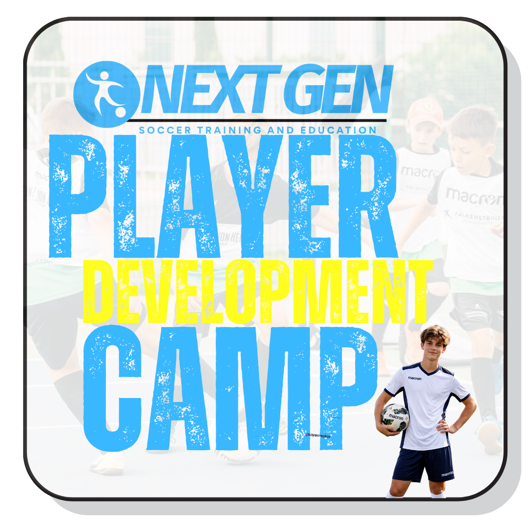 Logo for Next Gen Soccer Training and Education with the slogan 'Player Development Camp' and a young boy in a soccer uniform holding a soccer ball, with a background of children in soccer training.