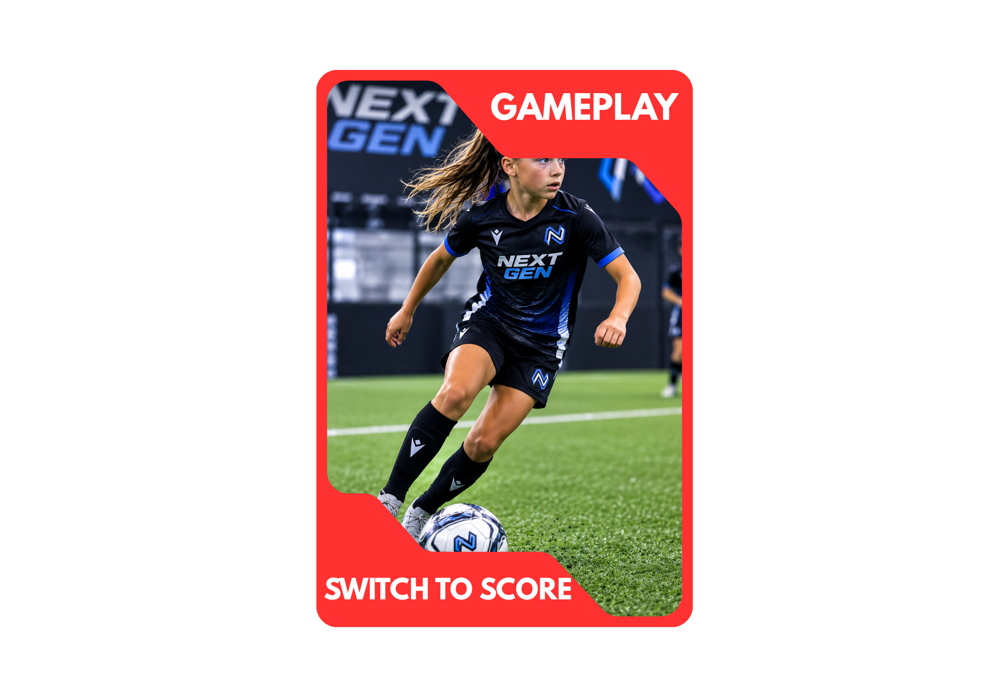 A young female soccer player in black uniform with blue accents dribbling a soccer ball on a green field inside a stadium, with a red banner overlay reading 'GAMEPLAY' and 'SWITCH TO SCORE'.