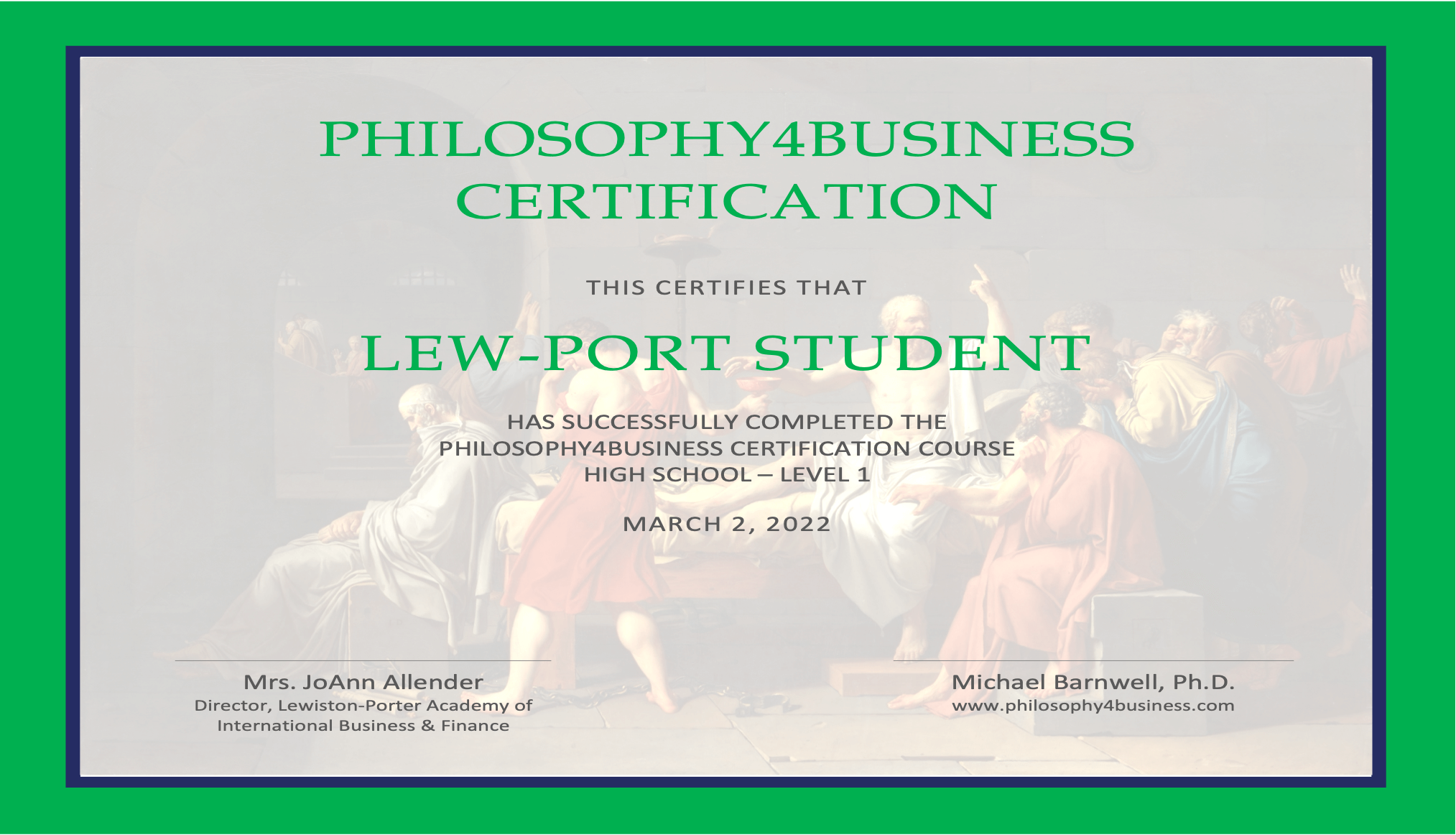 Sample Certificate for Philosophy4Business's High School Certification Course