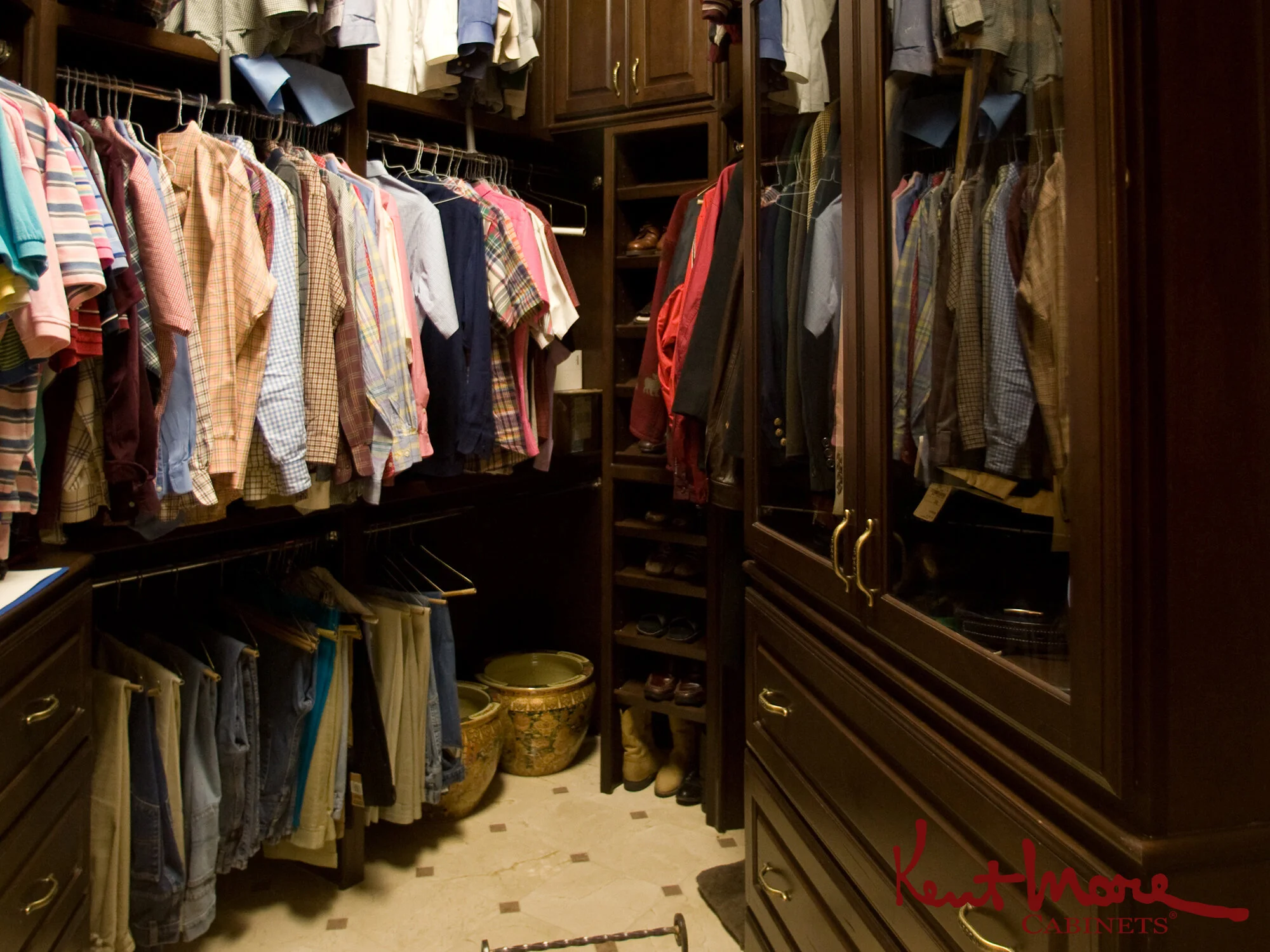 Custom Walk-In Closet and Drawers with Floor to Ceiling Cabinetry. Cherry Wood Cabinets in Hearty Rye Stain with Ebony Glazing.