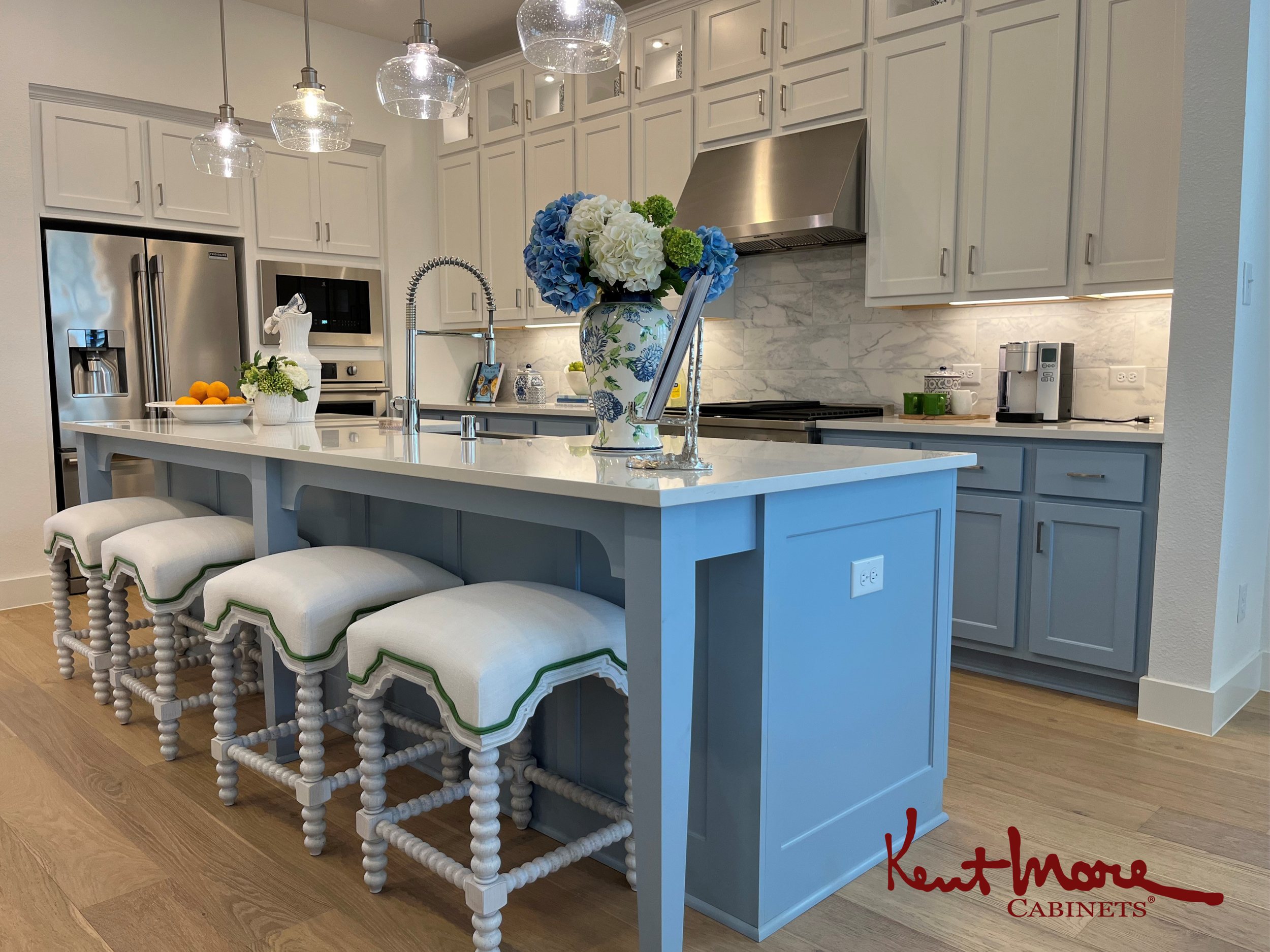 Faded Flaxflower Lower Cabinets And Island; Extra White Uppers Kitchen Remodel by Kent Moore Cabinets project photo