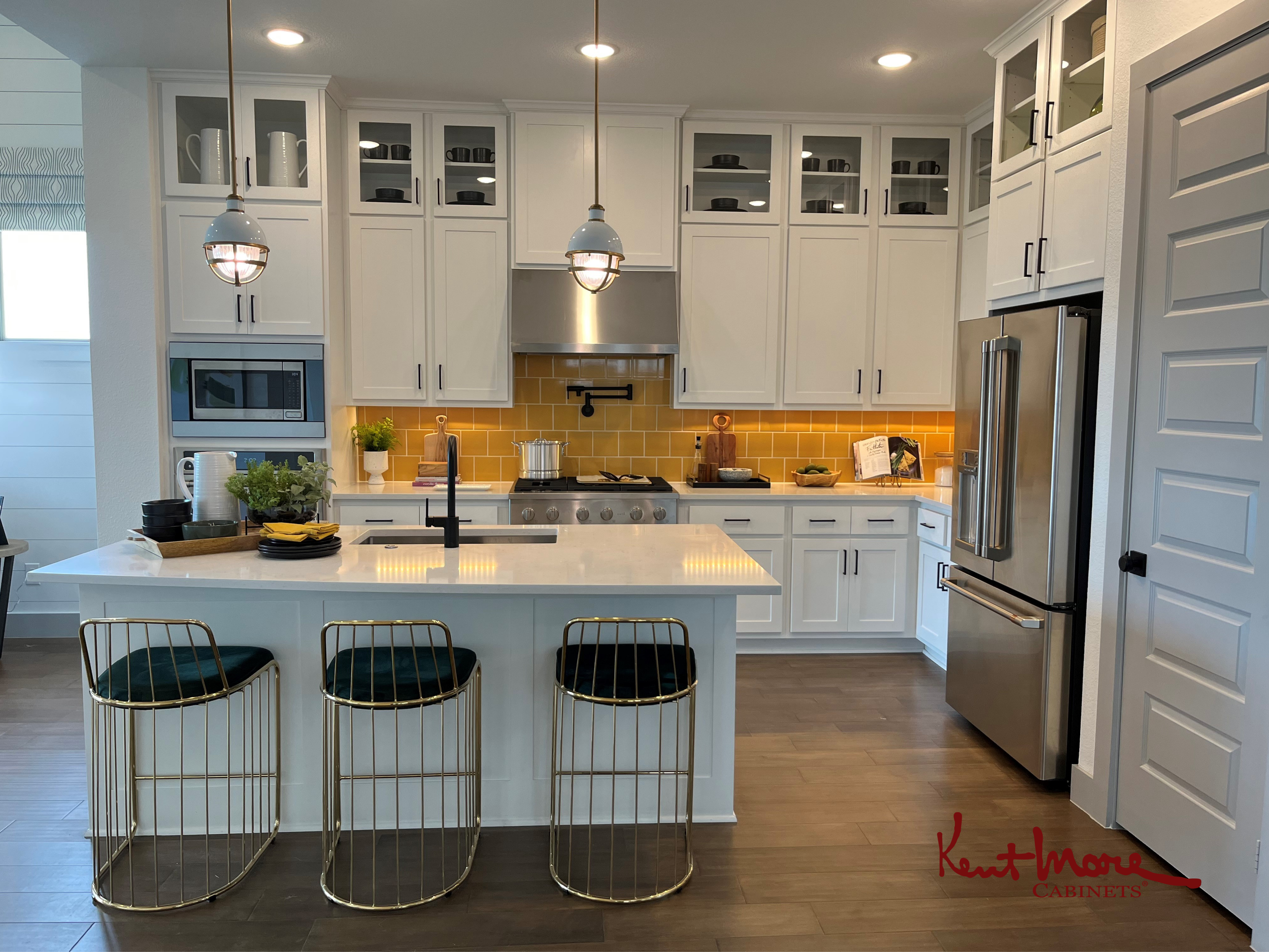 Faded Flaxflower Lower Cabinets And Island; Extra White Uppers Kitchen Remodel by Kent Moore Cabinets project photo 3