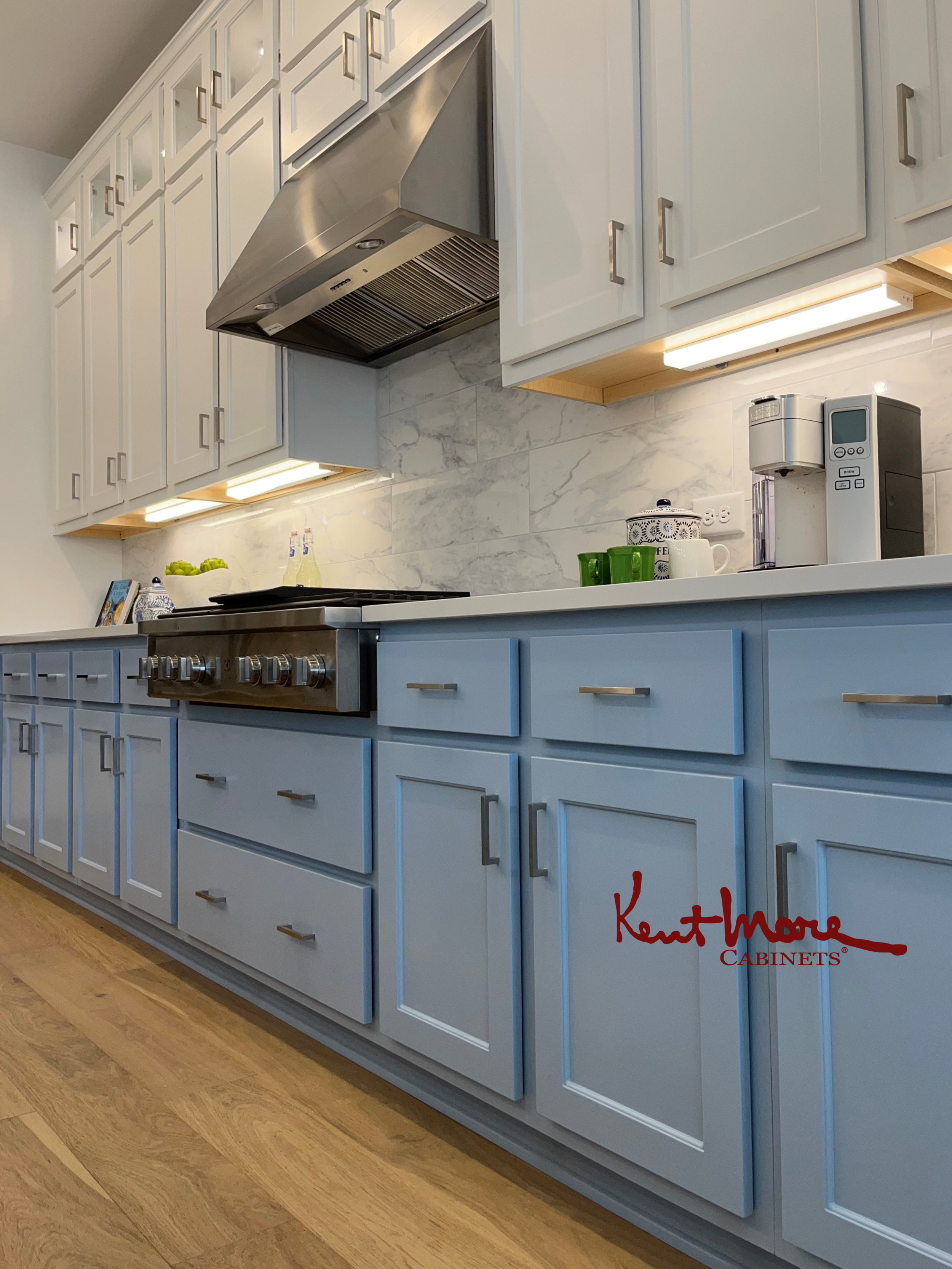 Faded Flaxflower Lower Cabinets And Island; Extra White Uppers Kitchen Remodel by Kent Moore Cabinets project photo 2