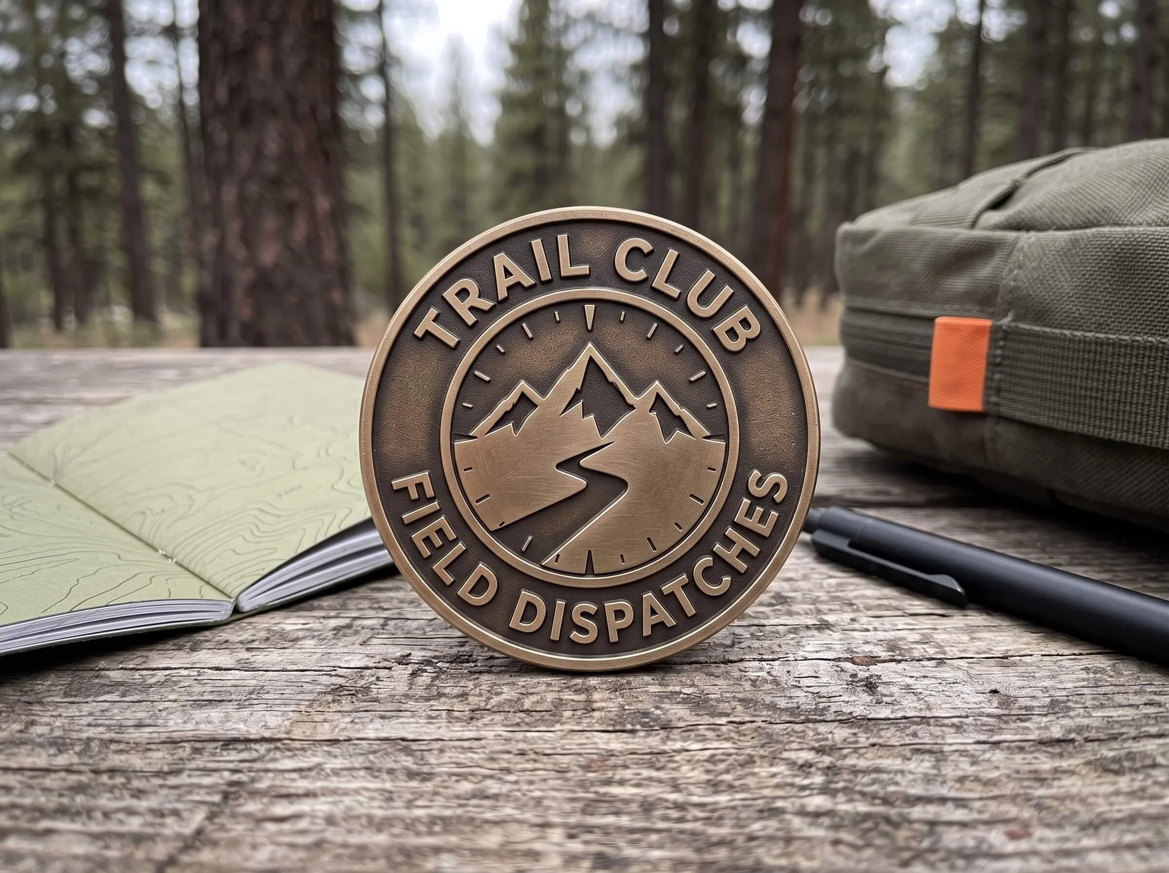 Trail Prepared Trail Club forged bronze medallion embossed with Trail Club and Field Dispatches, resting on a weathered cedar table in the backcountry, with an open topographic notebook, pen, and a ranger green canvas pack.