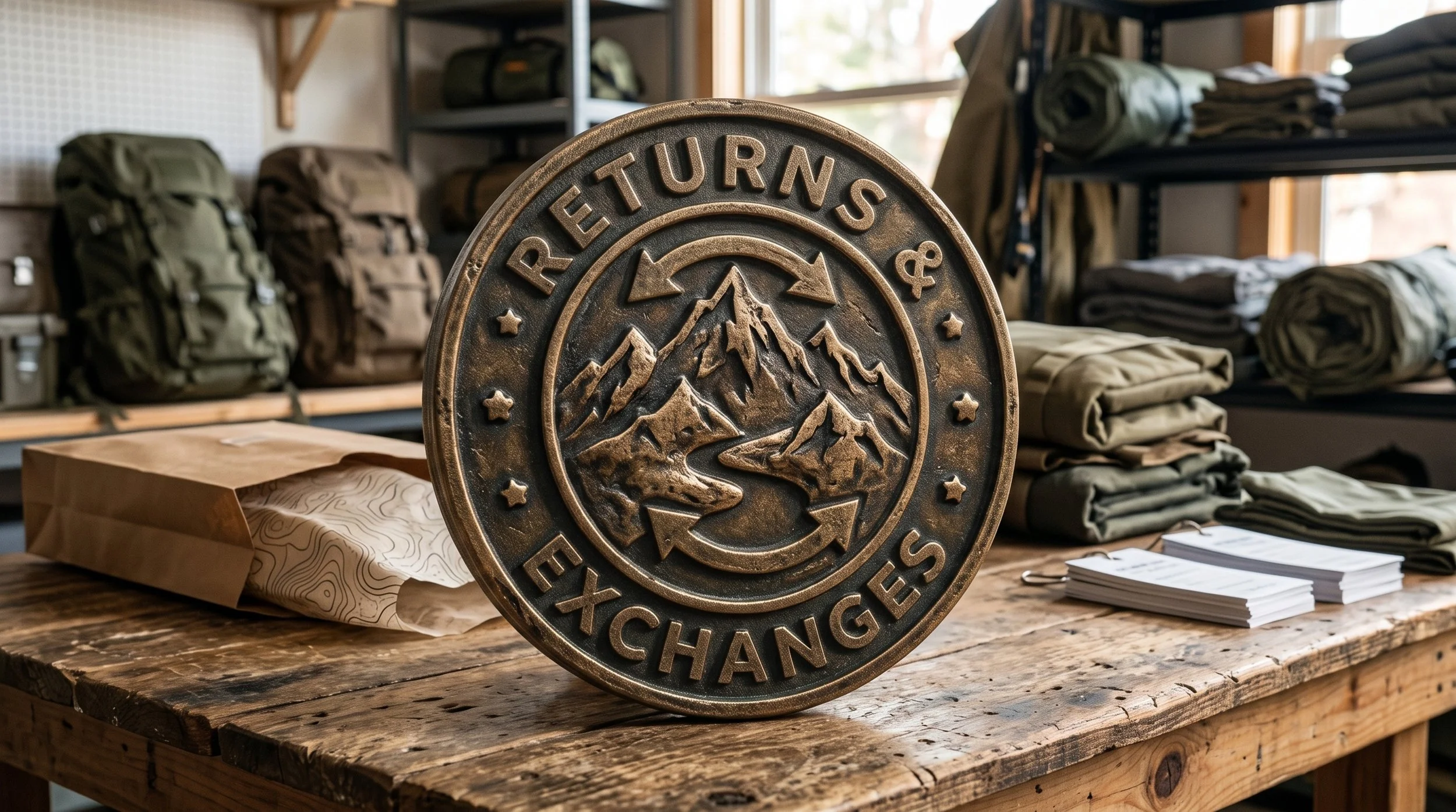 Trail Prepared Returns & Exchanges forged bronze badge on a rugged wood packing bench with gear inspection tags, kraft box, and ranger green packs.