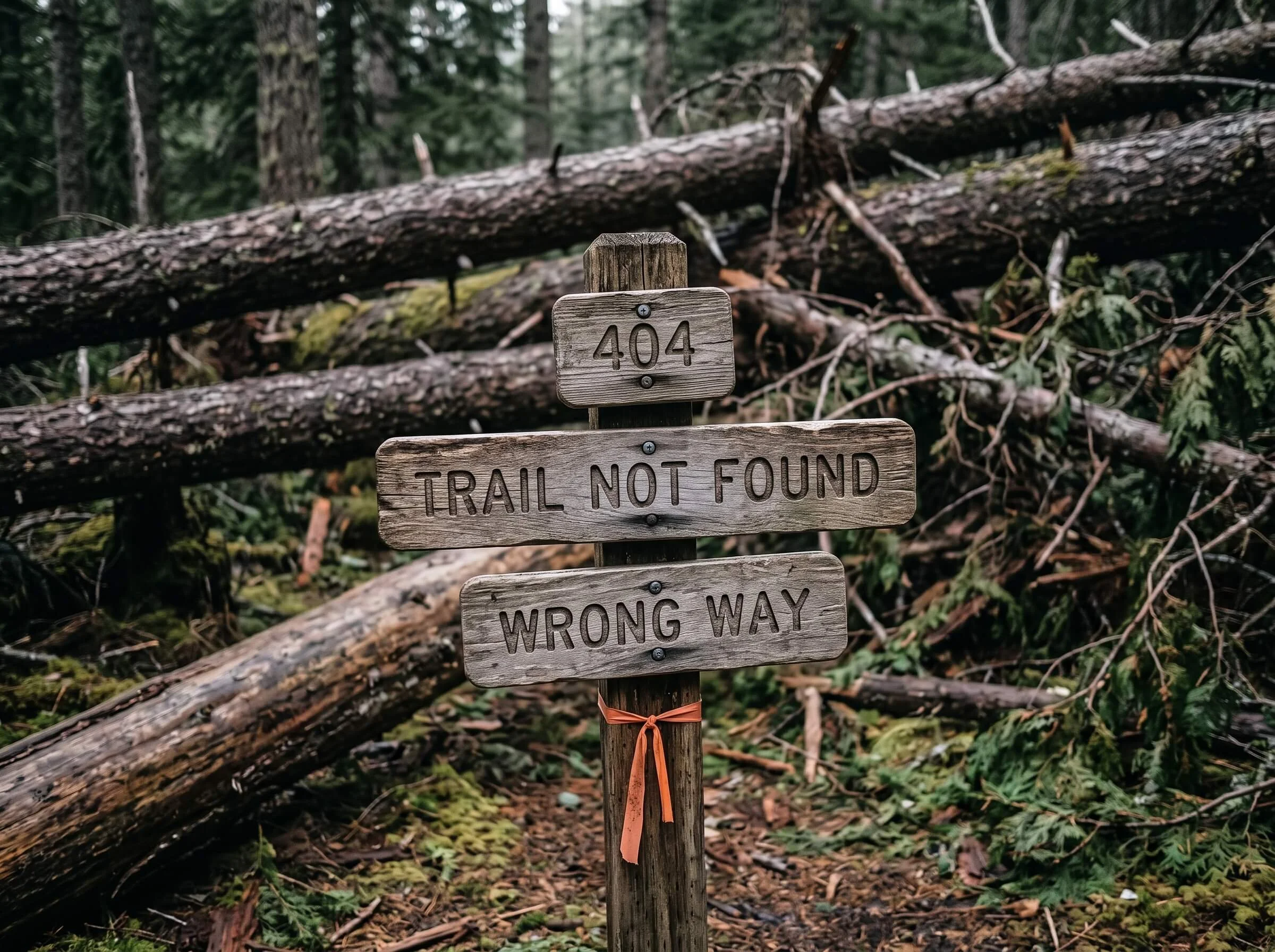 Weathered wooden trail sign reading 404, Trail Not Found, and Wrong Way on a forest hiking trail blocked by fallen logs.