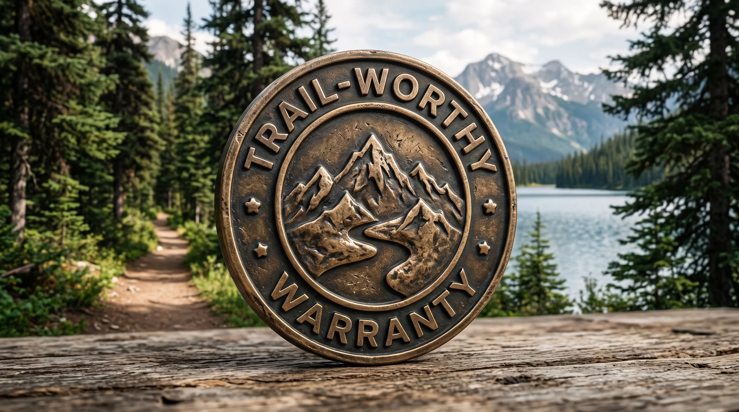 Trail Prepared Trail-Worthy Warranty bronze badge featuring embossed mountain peaks and trail, resting outdoors on wood overlooking a mountain lake, evergreen forest, and hiking trail.