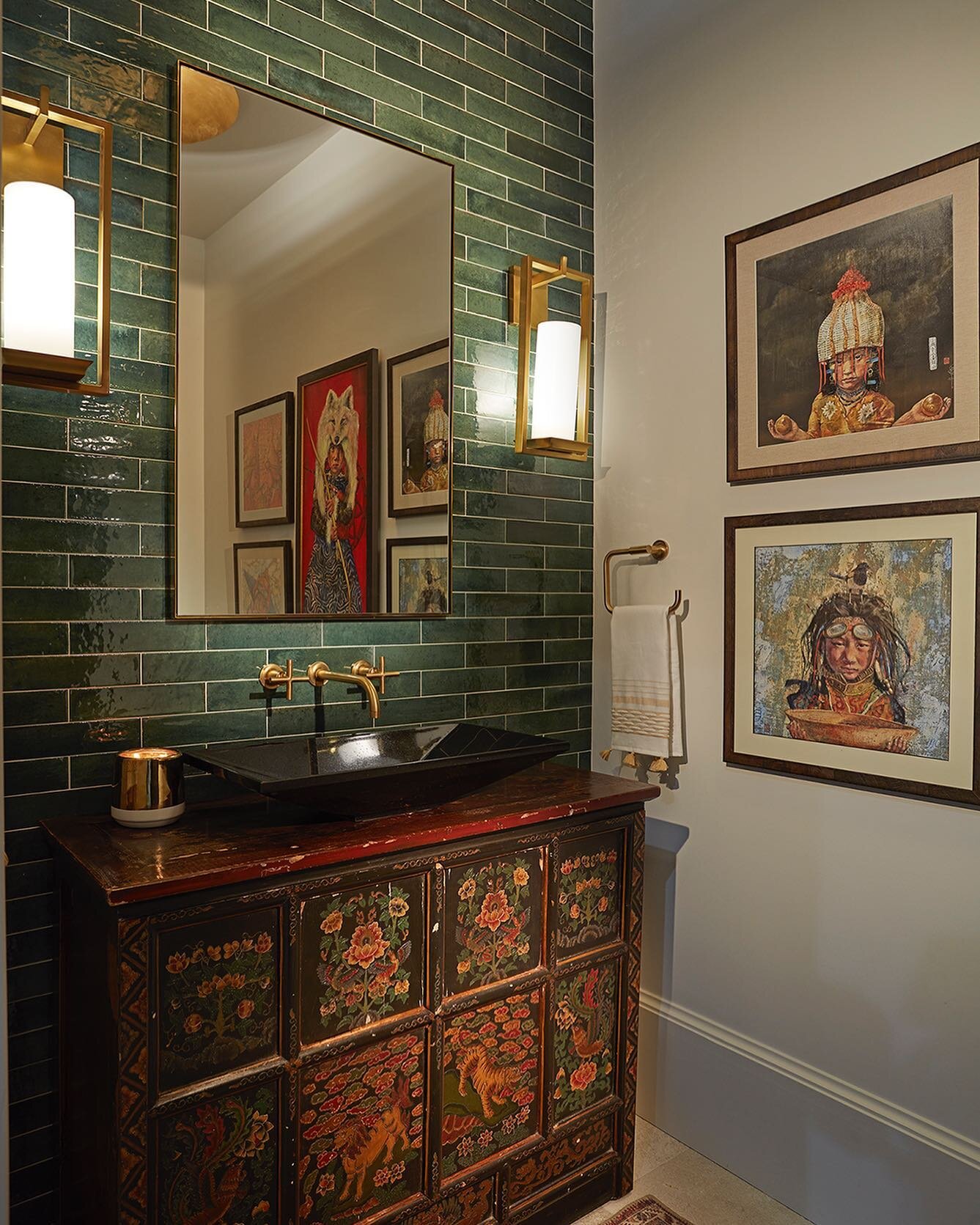 This unique powder room expresses our client&rsquo;s love for travel and collecting, and our passion for mixing old and new.  #ansanainteriordesign #powderroom #curatedinteriors