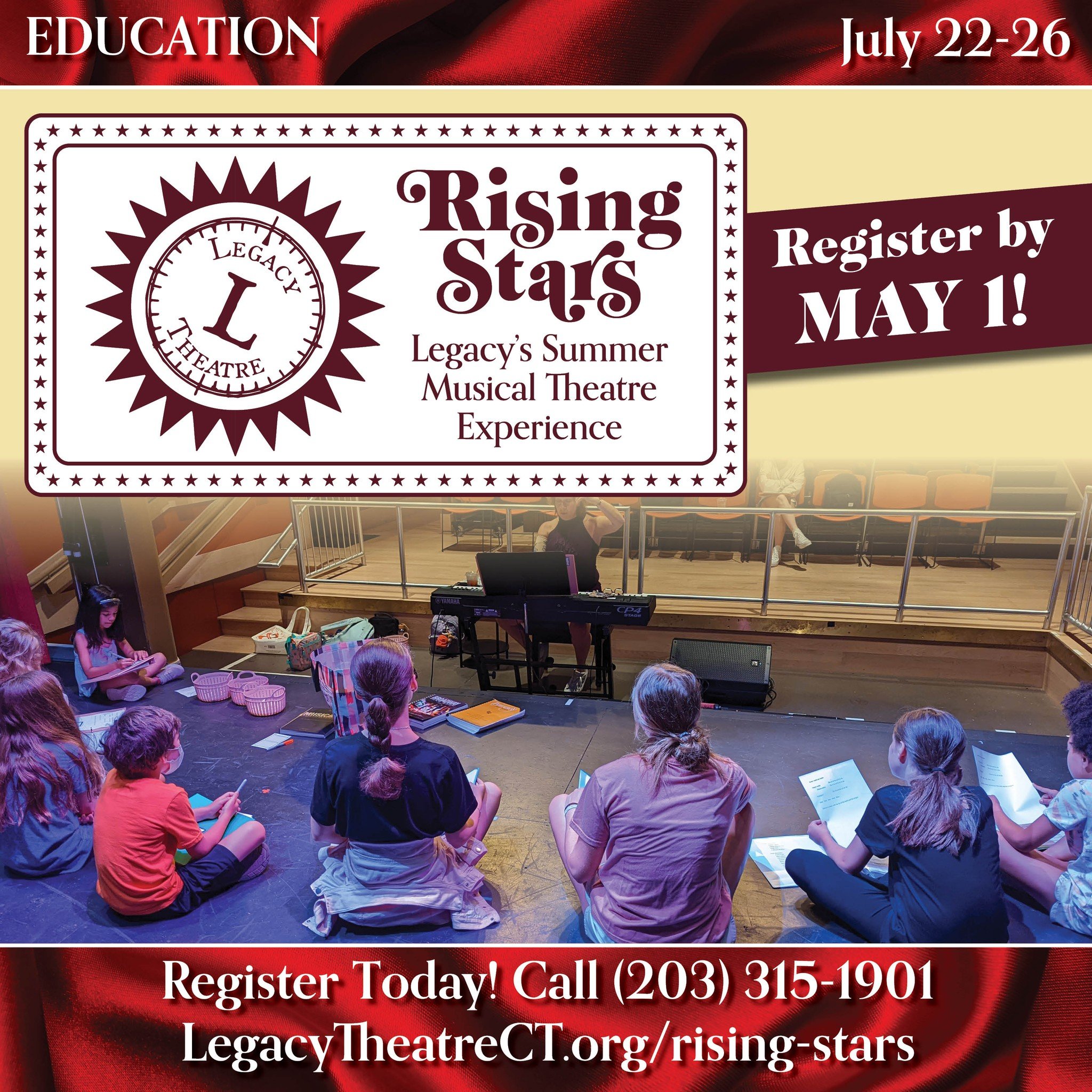Register by May 1 for our Rising Stars: Summer Musical Theatre Experience! Spend a week learning from industry professionals at the beautiful Legacy Theatre in Branford, CT. Students will work on voice, dance, acting, and more, all inside a newly res