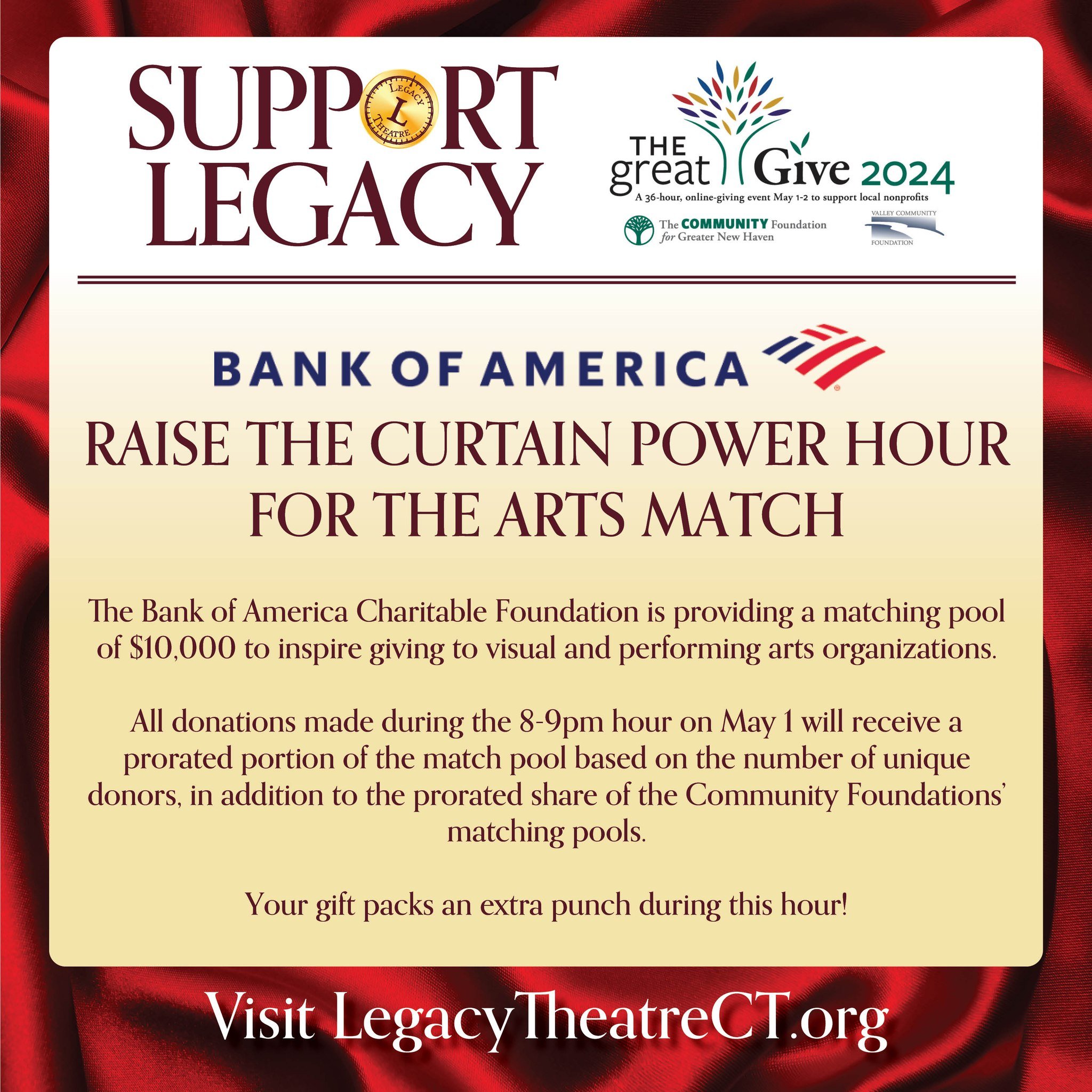 Haven&rsquo;t had a chance to donate to Legacy Theatre during the Great Give? The Raise the Curtain Power Hour for the Arts Match is happening now! From 8-9pm, Legacy will receive a prorated portion of a match pool based on the number of unique donor