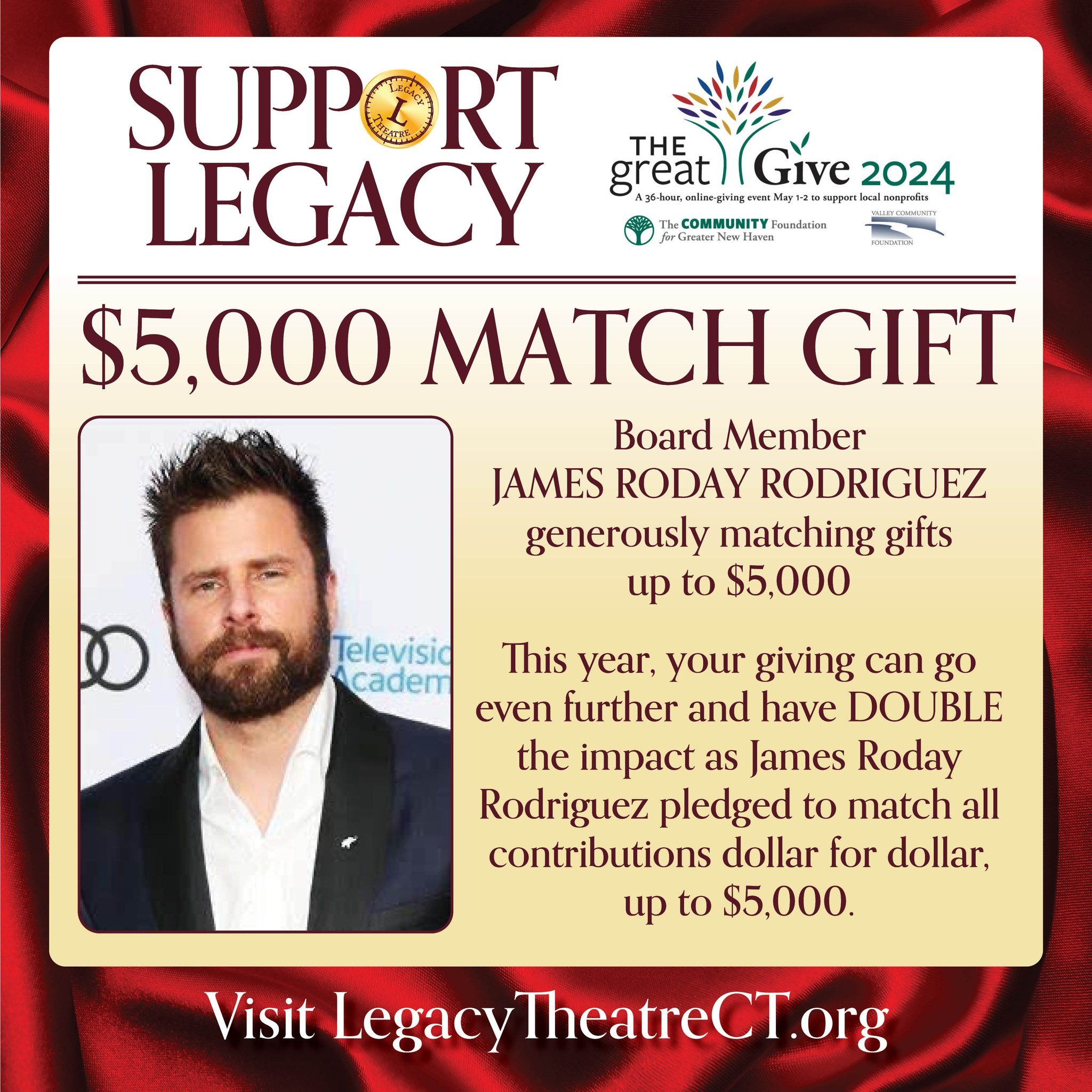 Today is the second (and final) day of The Great Give! Our Board Member, James Roday Rodriguez, is generously matching gifts up to $5,000. Double your impact and give now! 

https://www.legacytheatrect.org/greatgive 

#legacytheatrect #thegreatgive #