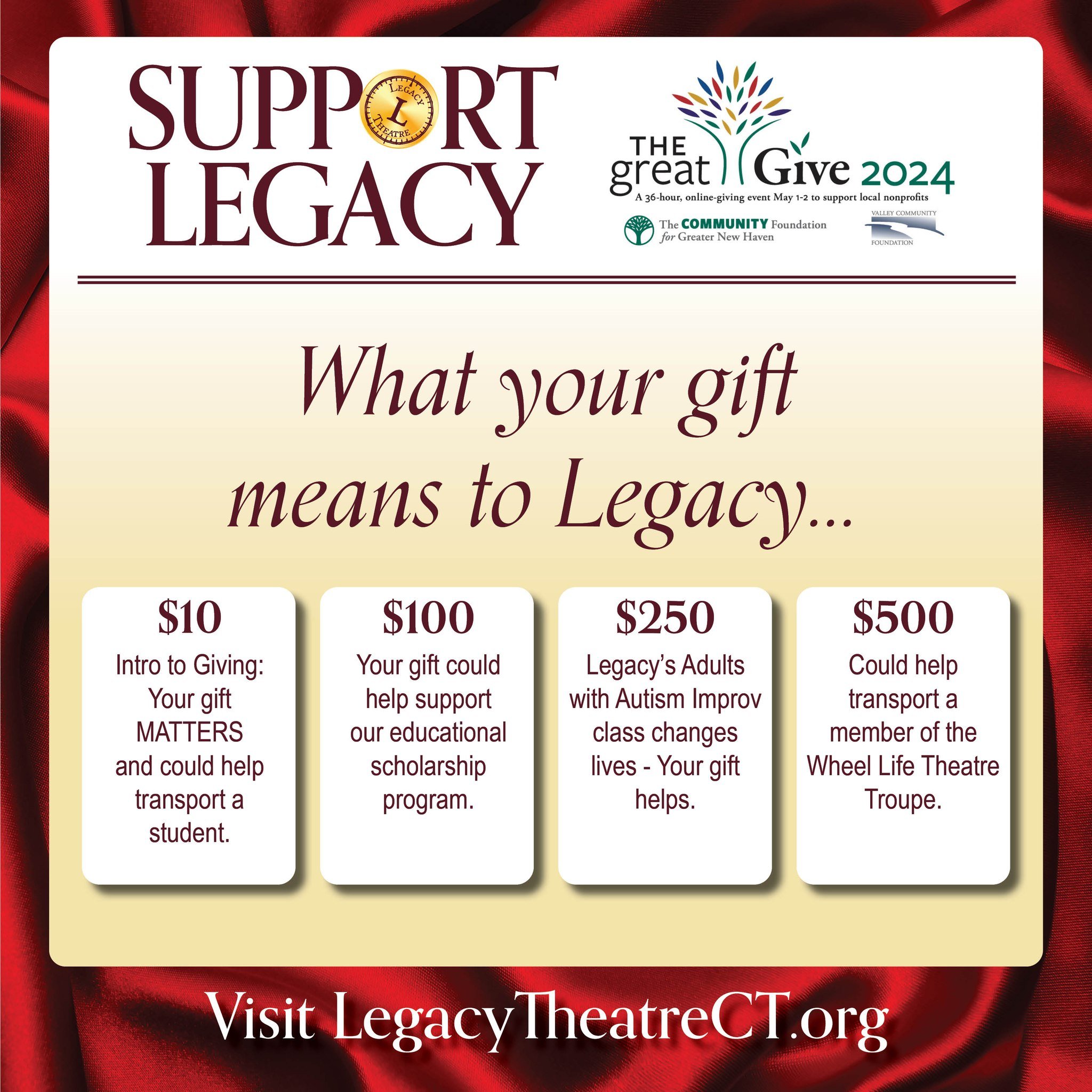 Your gift means so much to Legacy! The Great Give continues until 8pm tonight! 

https://www.legacytheatrect.org/greatgive 

#legacytheatrect #thegreatgive #givelocal #branfordct #stonycreekct #newhavenct #greatgive2024 #supportlivetheatre