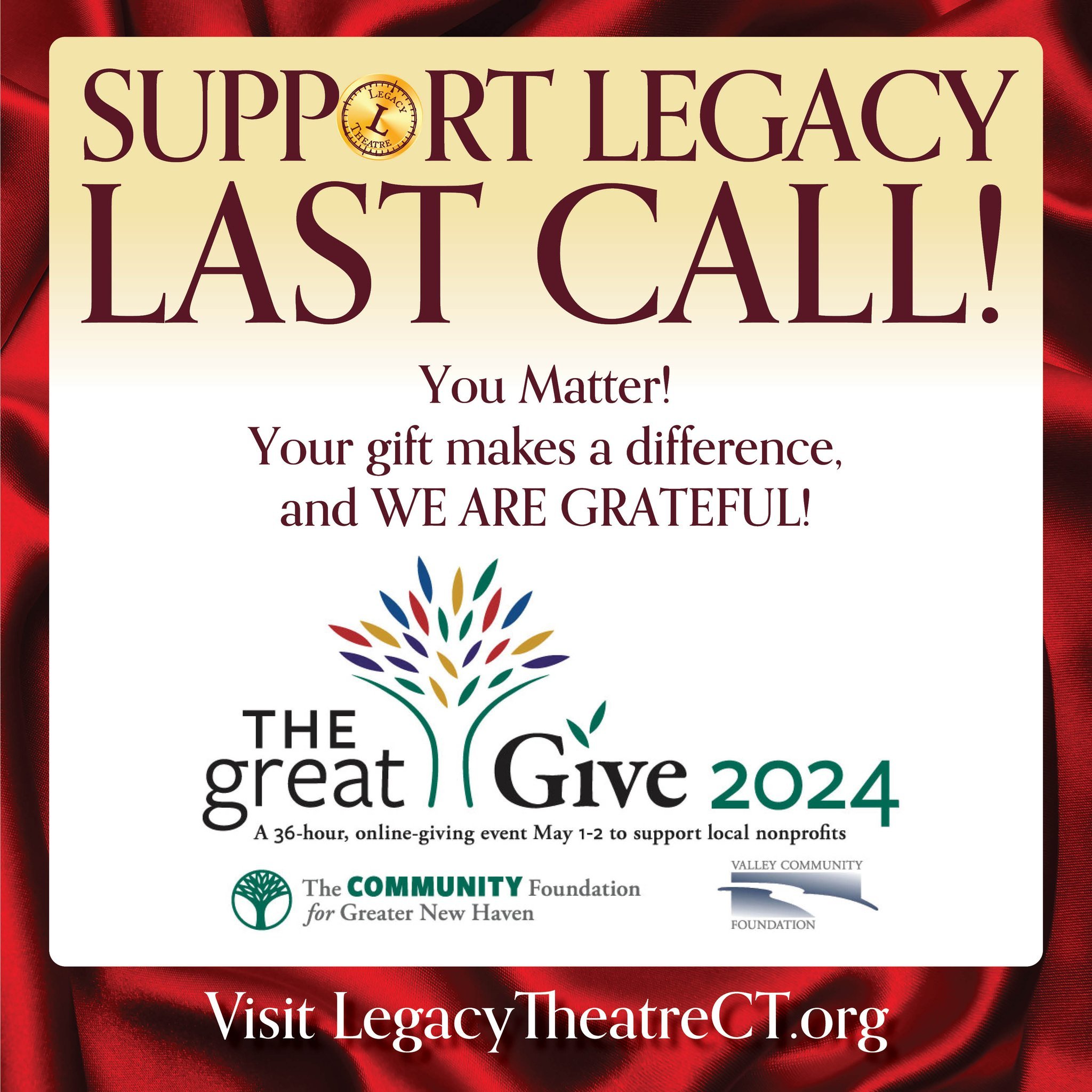 LAST CALL! Your gift to Legacy during the Great Give makes a difference, no matter how small. For just a $5 minimum donation, you can make a difference for the arts in your community. Make a gift to Legacy Theatre via The Great Give by 8pm! 

legacyt