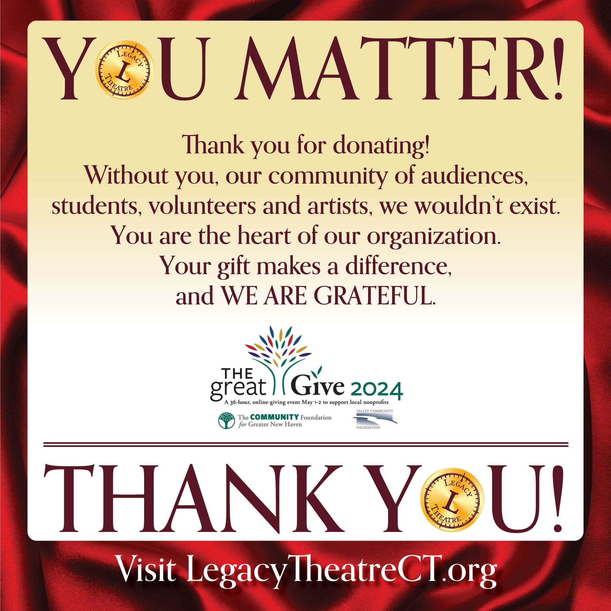 Thank you so much for all of your support during The Great Give! Your generosity supports live performing arts right here in our community, and we could not do what we do without you! With your help, we raised over $14,000 for Legacy programming, fro
