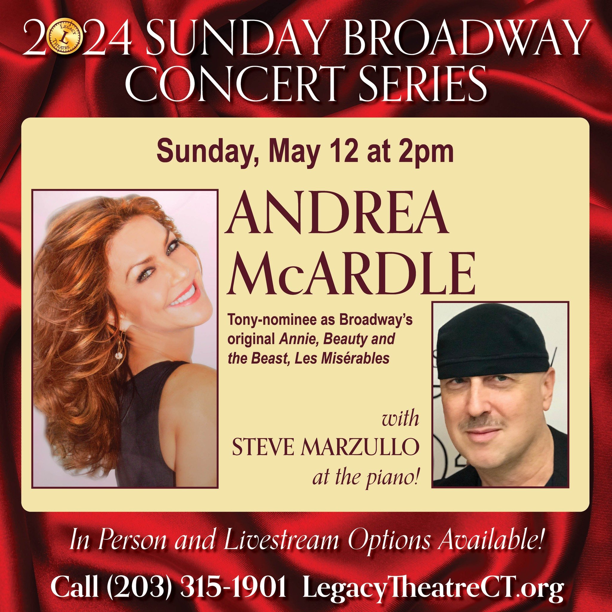 Tony Award nominee Andrea McArdle performs live with Steve Marzullo at Legacy Theatre this Sunday at 2pm in &ldquo;Andrea McArdle&rsquo;s Confessions of a Broadway Baby!&rdquo; Grab those last few tickets by going to our website, or calling the Box O