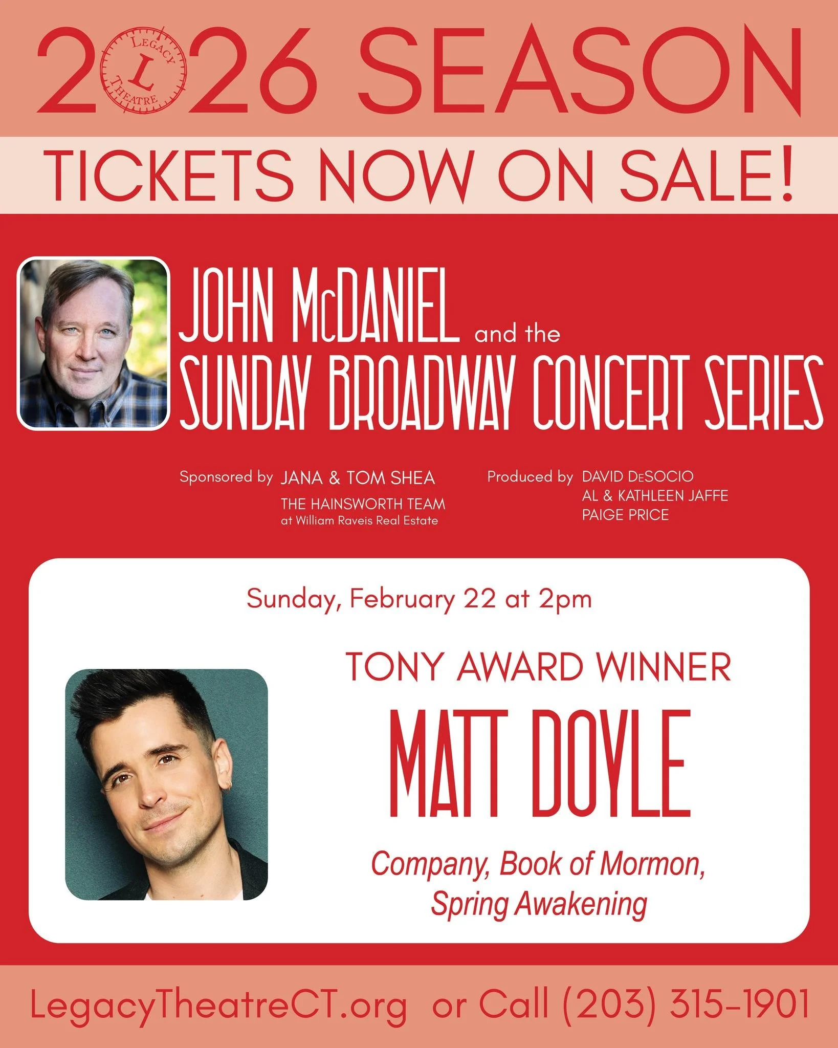 📣Show postponed- tomorrow 📣

Due to the impending winter storm, the John McDaniel Sunday Broadway Concert Series starring @mattfdoyle scheduled for tomorrow, Sunday, February 22, 2026, at 2:00pm is being postponed.

We are working on a rescheduled 