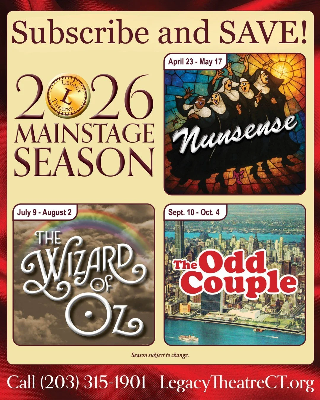 Now that's a lineup!

⭐The 2026 Mainstage season begins April 23 with Nunsense- the hilarious musical that will leave you in stitches!

Then, this summer, The Wizard of Oz takes the stage proving there really is "no place like home".

And, 