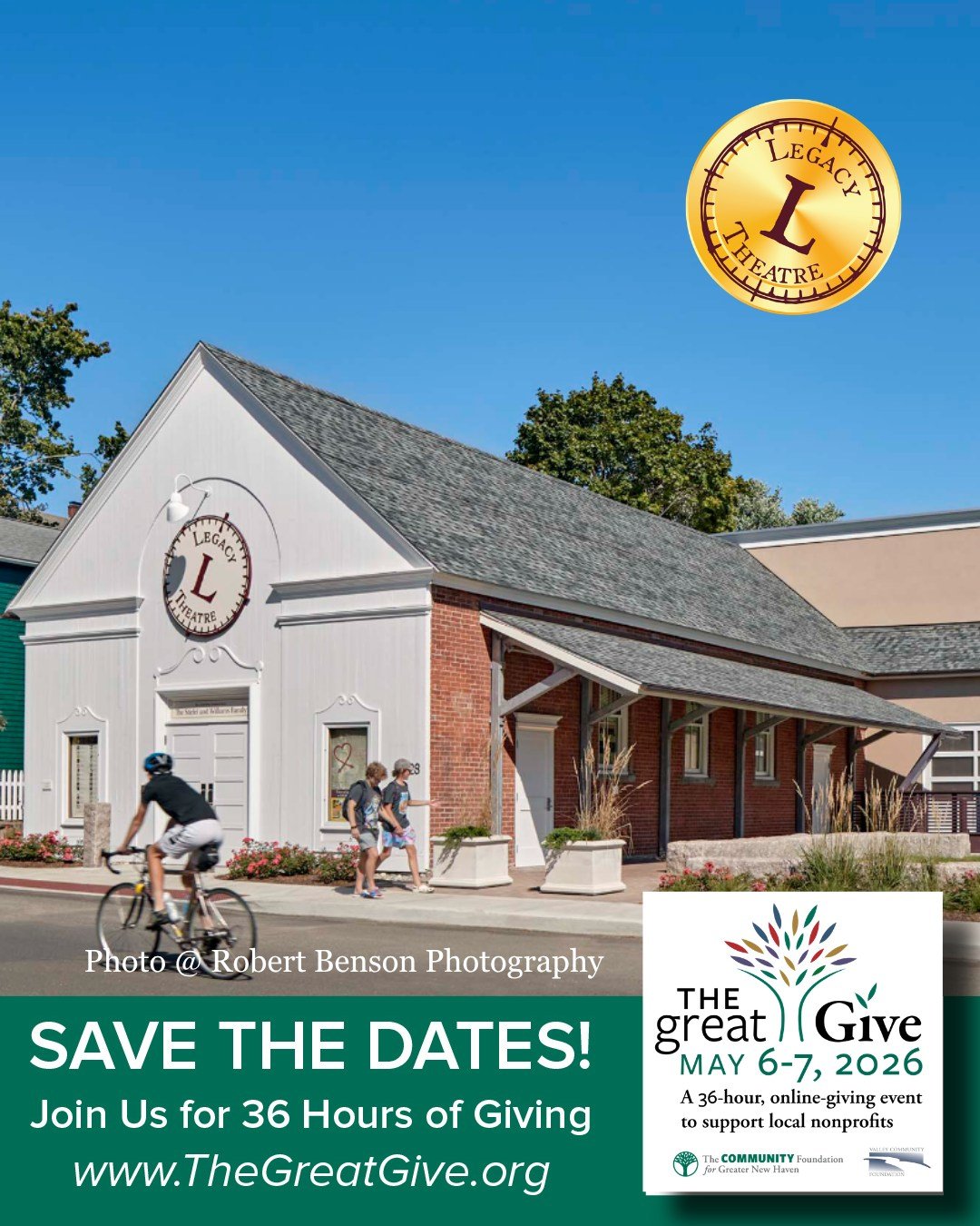 Save The Date: The Great Give is coming in 5 weeks!

The Great Give raises money and awareness for hundreds of nonprofit organizations in Greater New Haven, including Legacy Theatre. 

�Donations go further with valuable matching funds and prizes fro