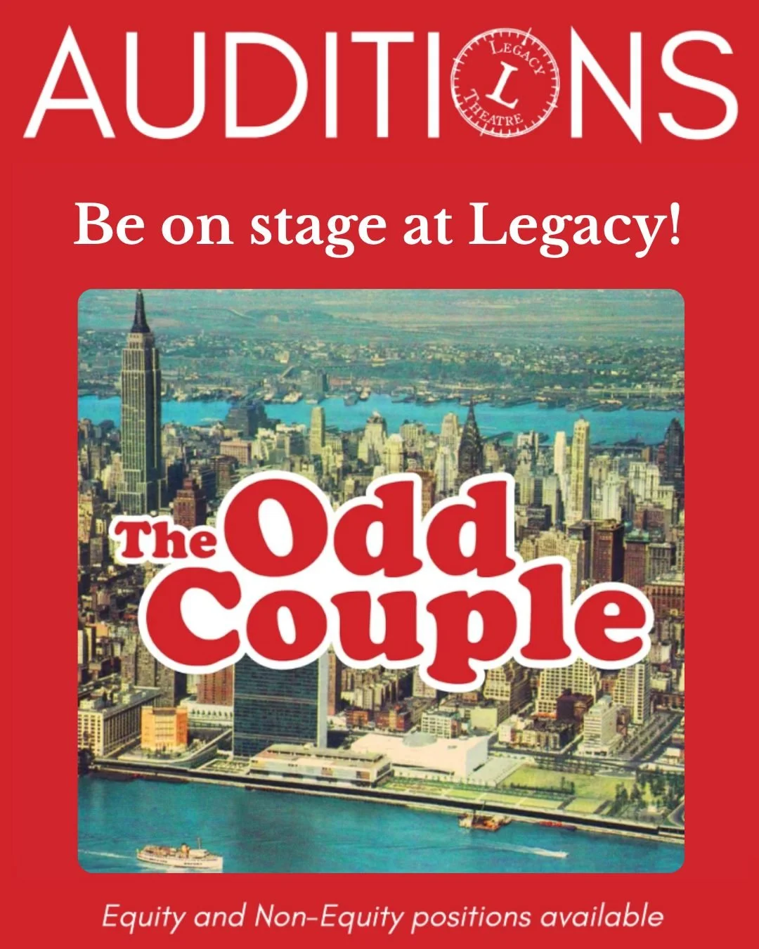 📣Legacy Theatre is now accepting submissions for our upcoming production of The Odd Couple! 

🎭Production Timeline:
Monday, August 17th: First rehearsal
Thursday, September 10th: First Preview
Sunday, October 4th: Closing performance

🎥 Audition/S