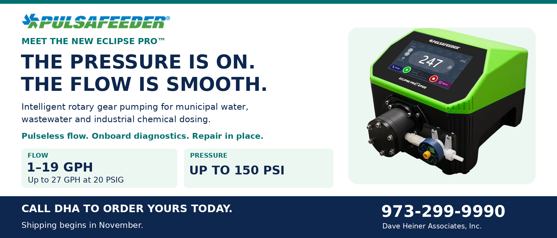 Advertisement for Pulsafeeder Eclipse Pro industrial pump, featuring a digital control panel, with text about flow rates up to 27 GPH, pressure up to 150 PSI, and contact information.