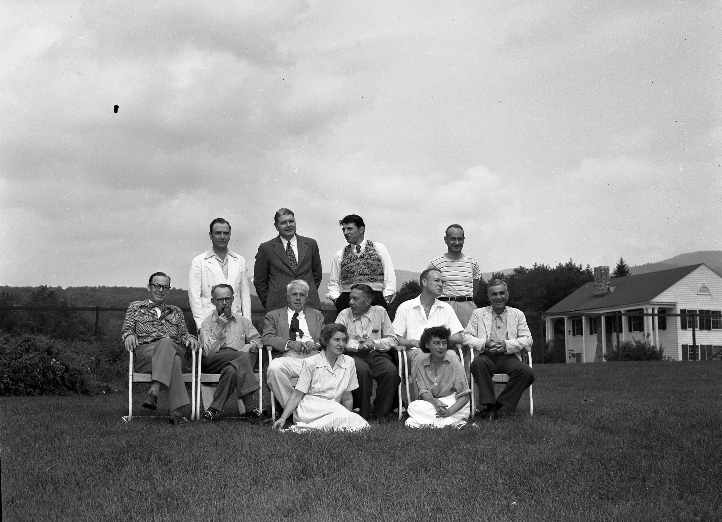 Writers' Conference faculty members posed outside on Bread Loaf campus, 1948. 

Individuals pictured include, back row (left to right): Warren Beck, Richard Brown, John Ciardi and Robeson Bailey; middle row: A. B. Guthrie Jr., Fletcher Pratt, Robert 