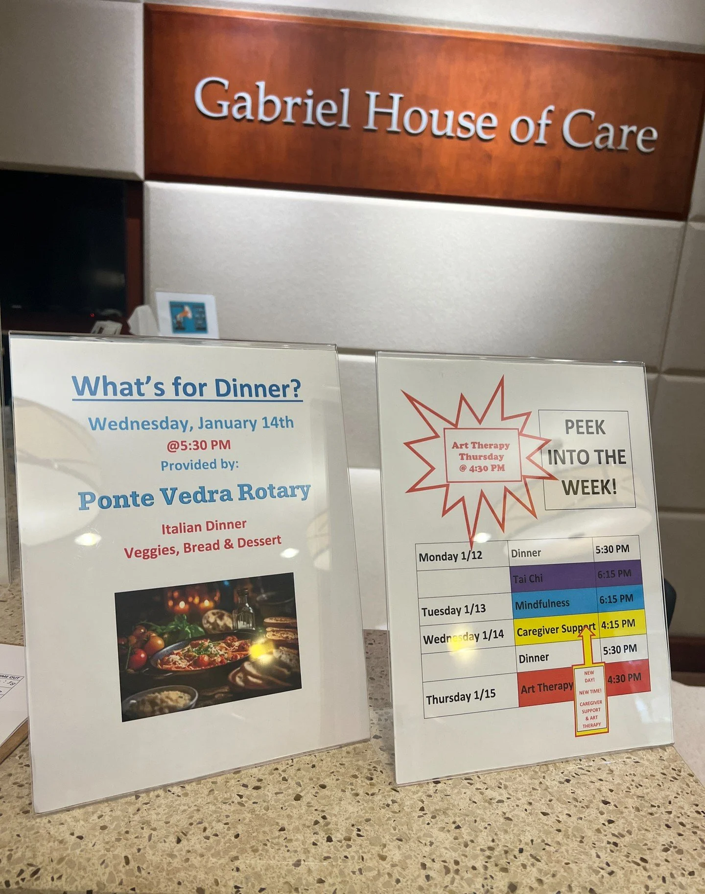 Dinner plans made easy! 🍽️
Stop by the front desk to see what&rsquo;s being served tonight and get a preview of the activities happening throughout the week at Gabriel House.