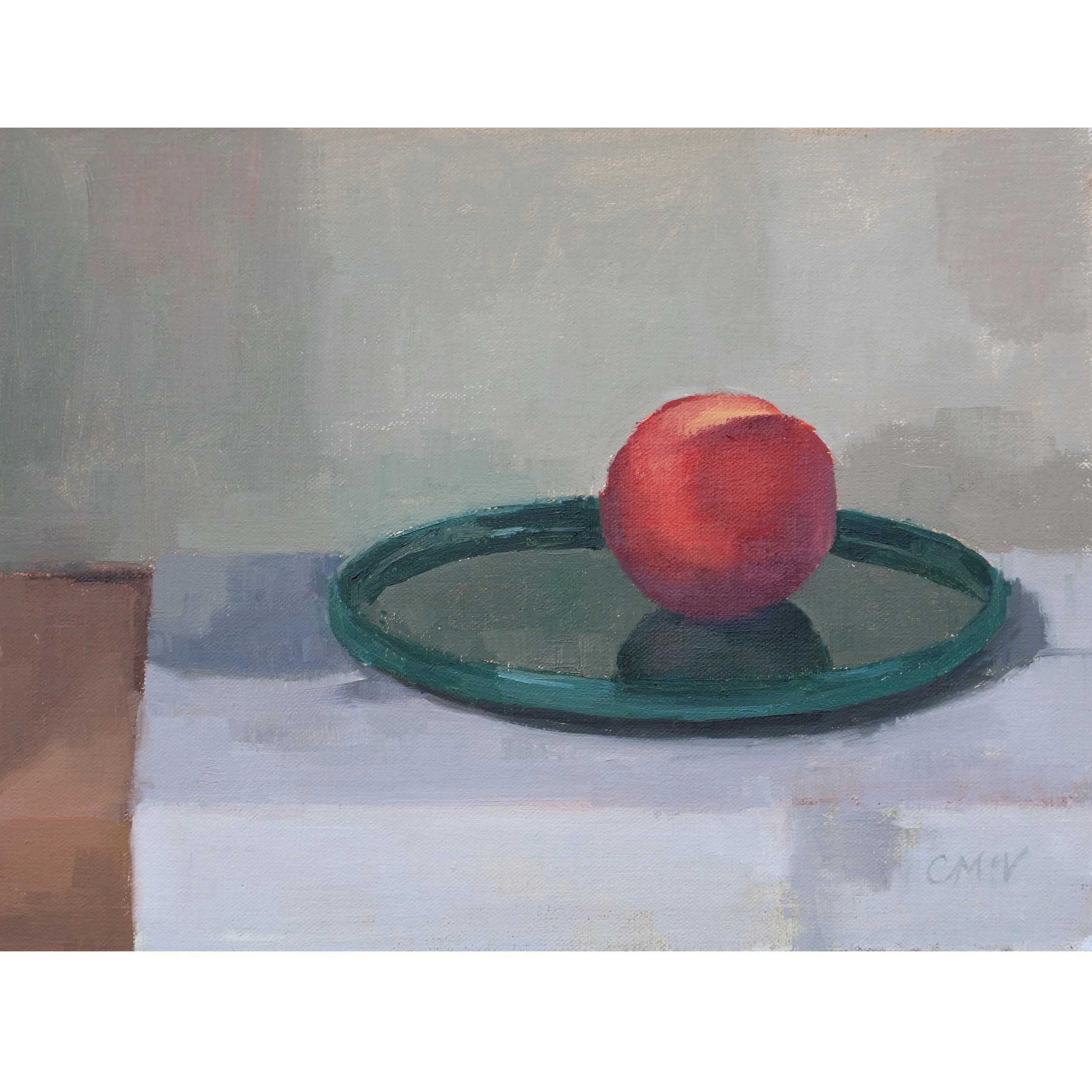 Peach on a glazed green plate | 2025