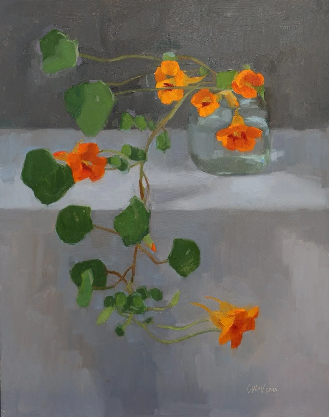 Trying to catch nasturtiums before their season is over. 

Nasturtiums change so fast after they are cut so this felt like a race against time; trying to lock them onto the canvas while they were determined to constantly move and change position. 

B