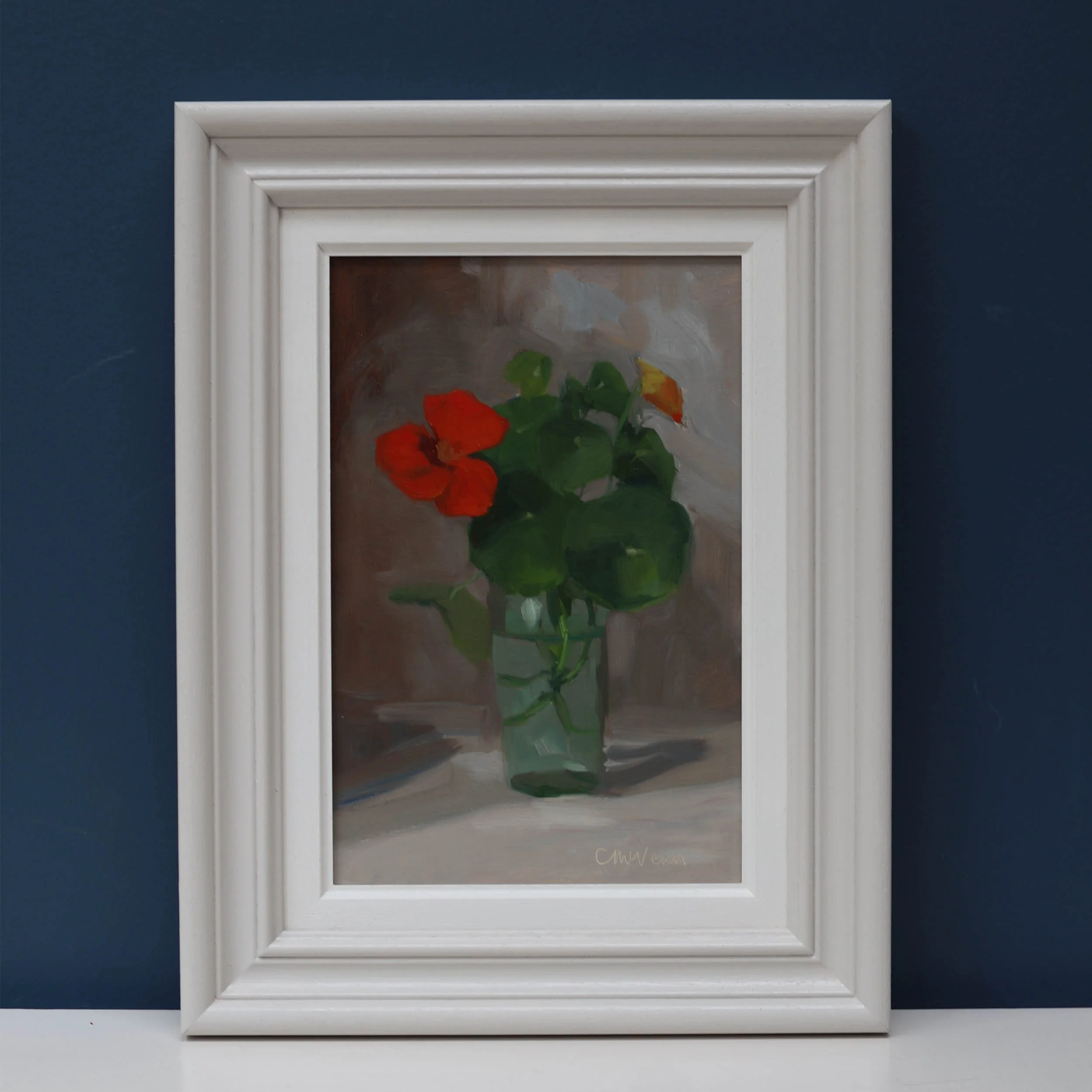 Framed Painting of Nasturtium in a green glass jar by Catherine McVean