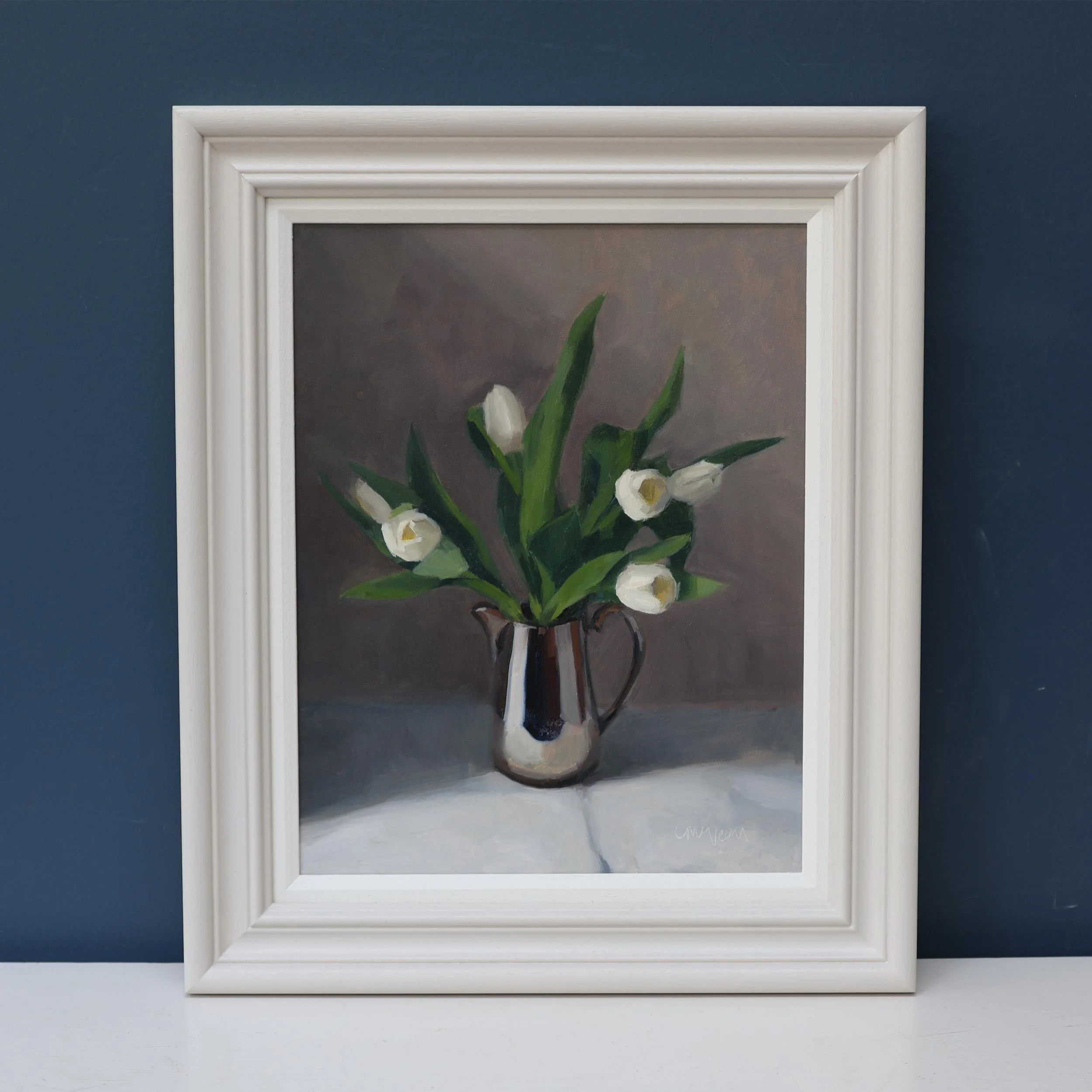 Painting of white tulips in an antique silver jug by Catherine McVean