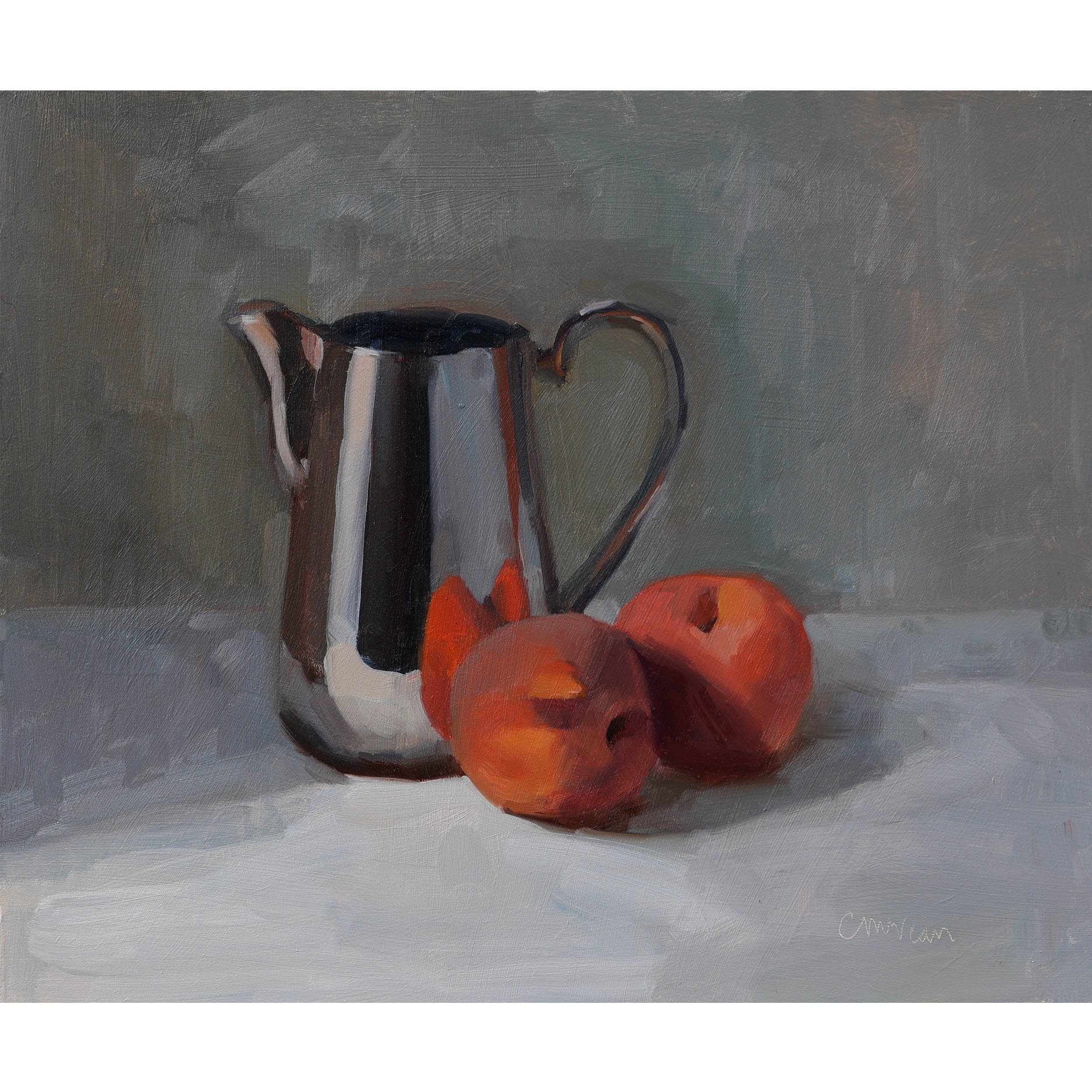 Painting of silver jug & peaches by Catherine McVean