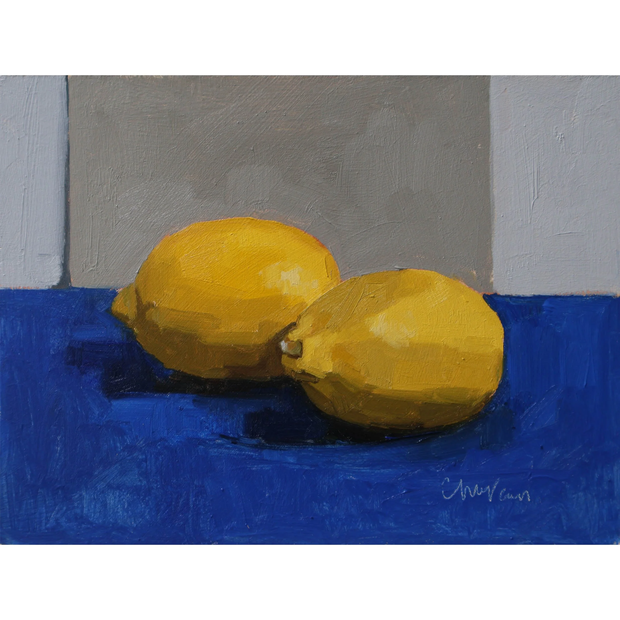 Painting of two lemons on a blue cloth