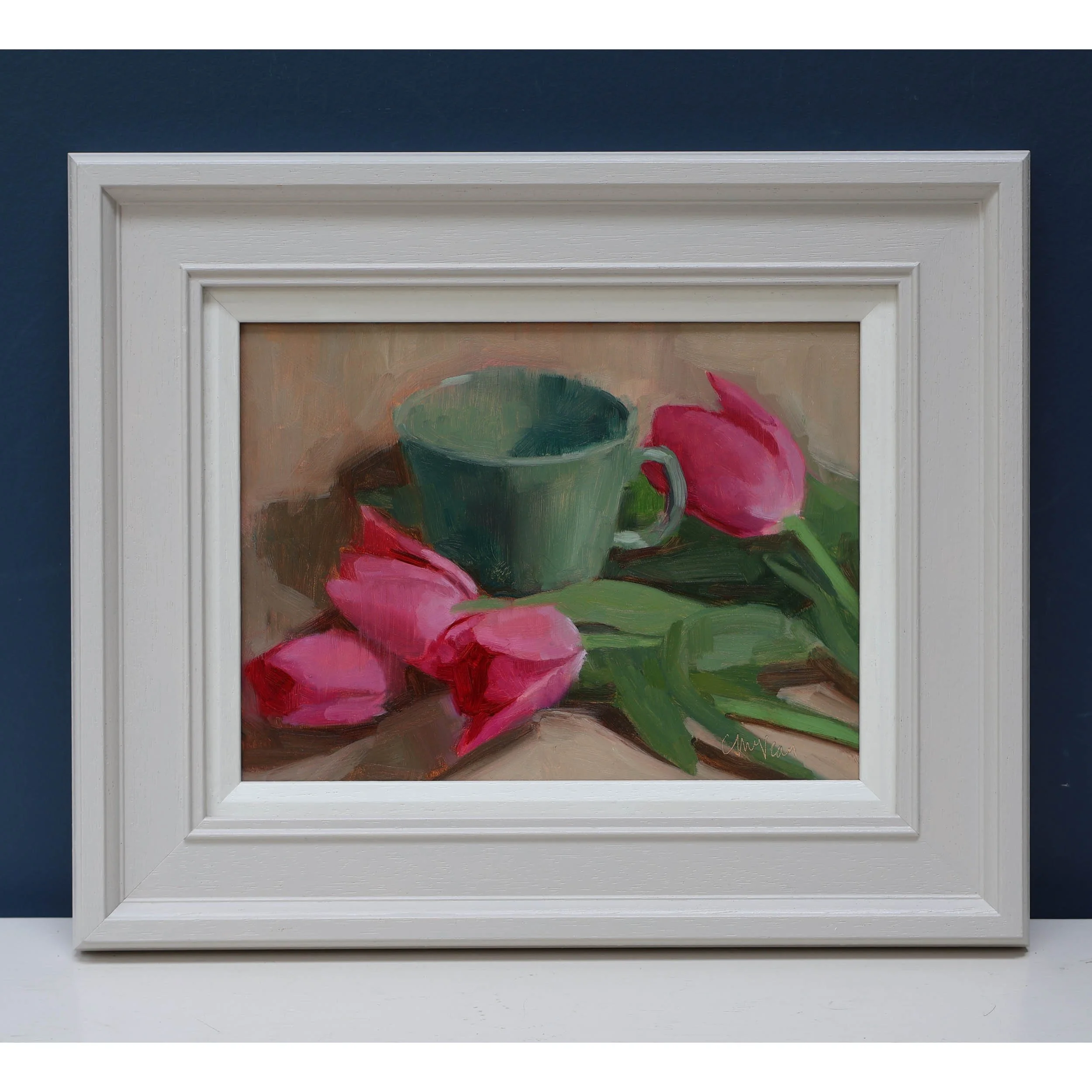 Framed painting of blue green teacup and tulips
