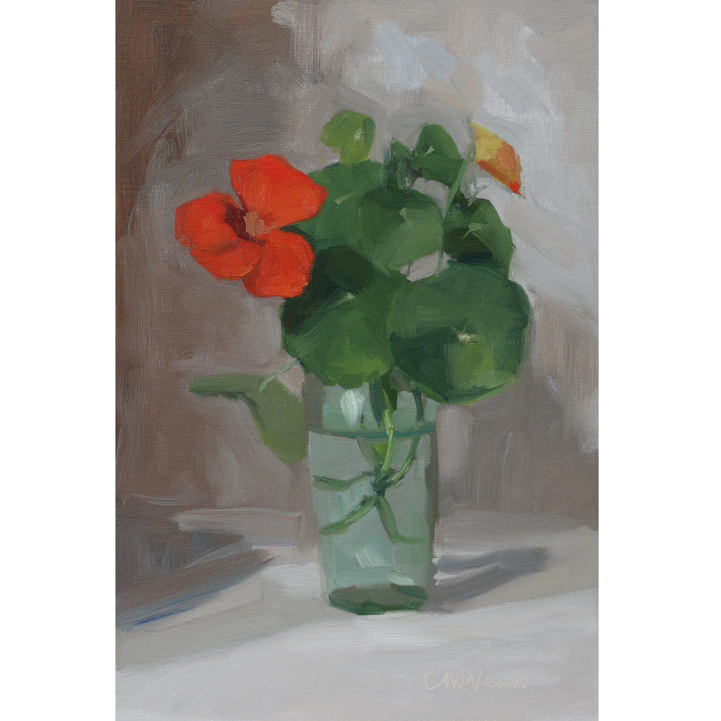 Nasturtium in a green glass jar