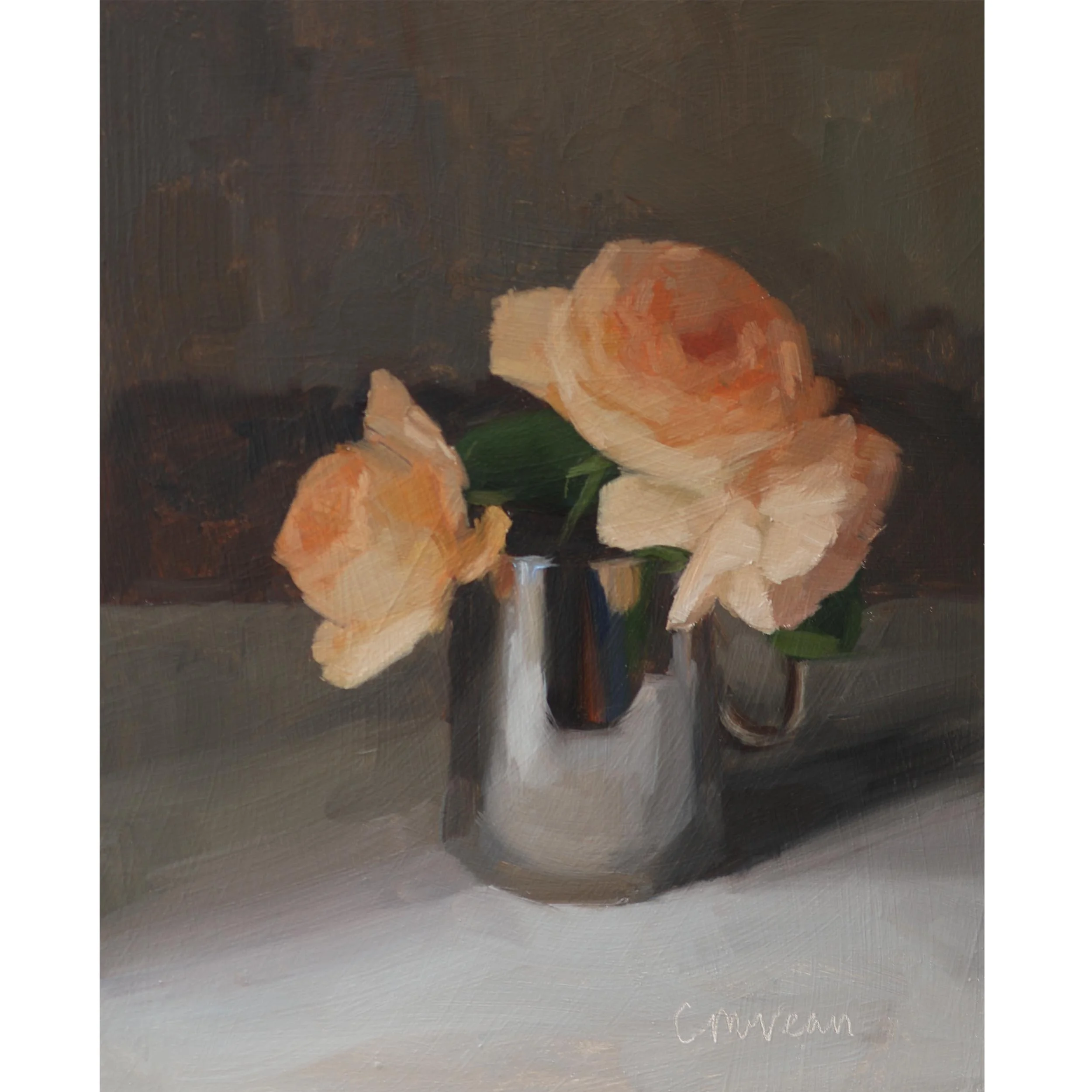 Painting of Pale orange roses in a silver cup by Catherine McVean