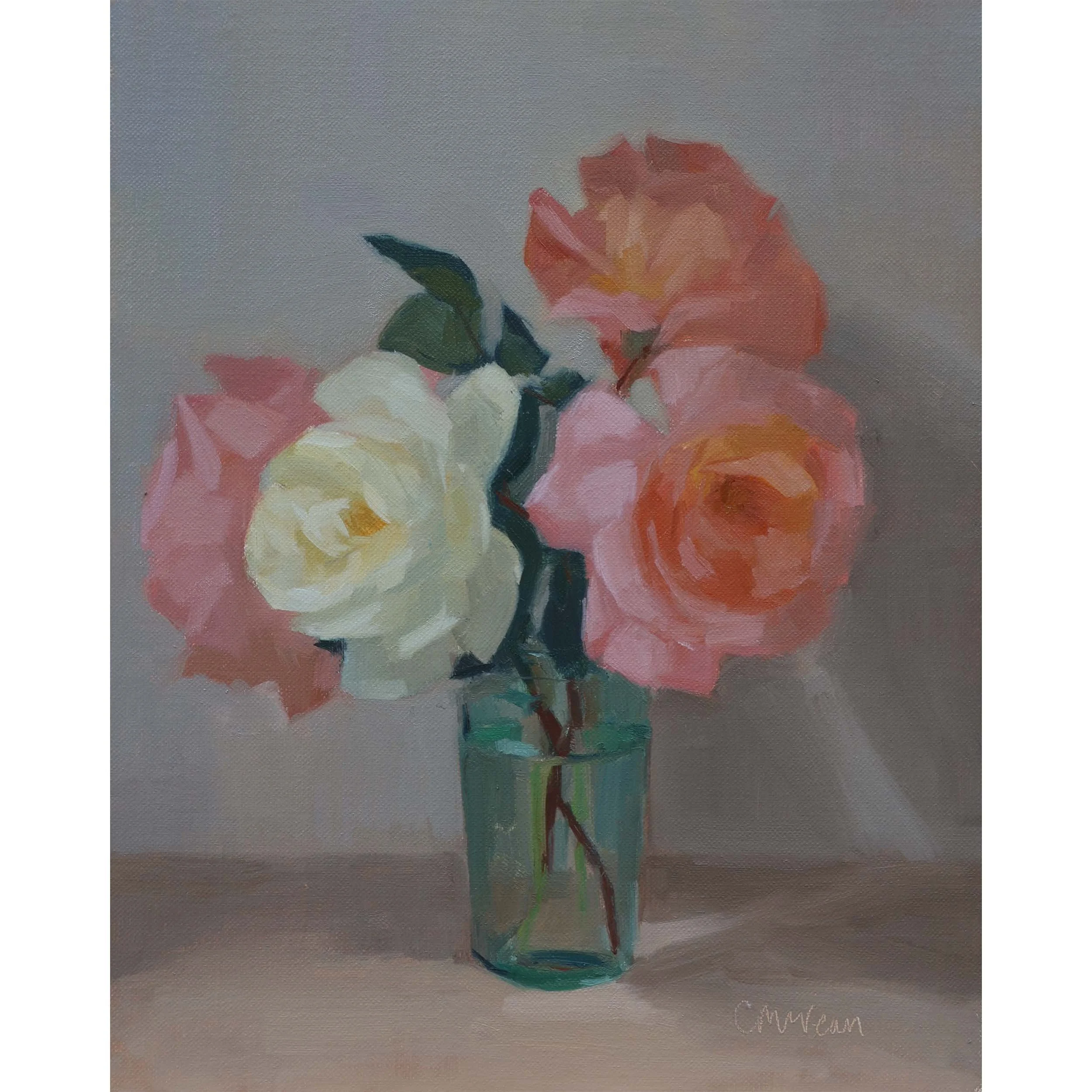 Roses in a vintage green glass vase painting