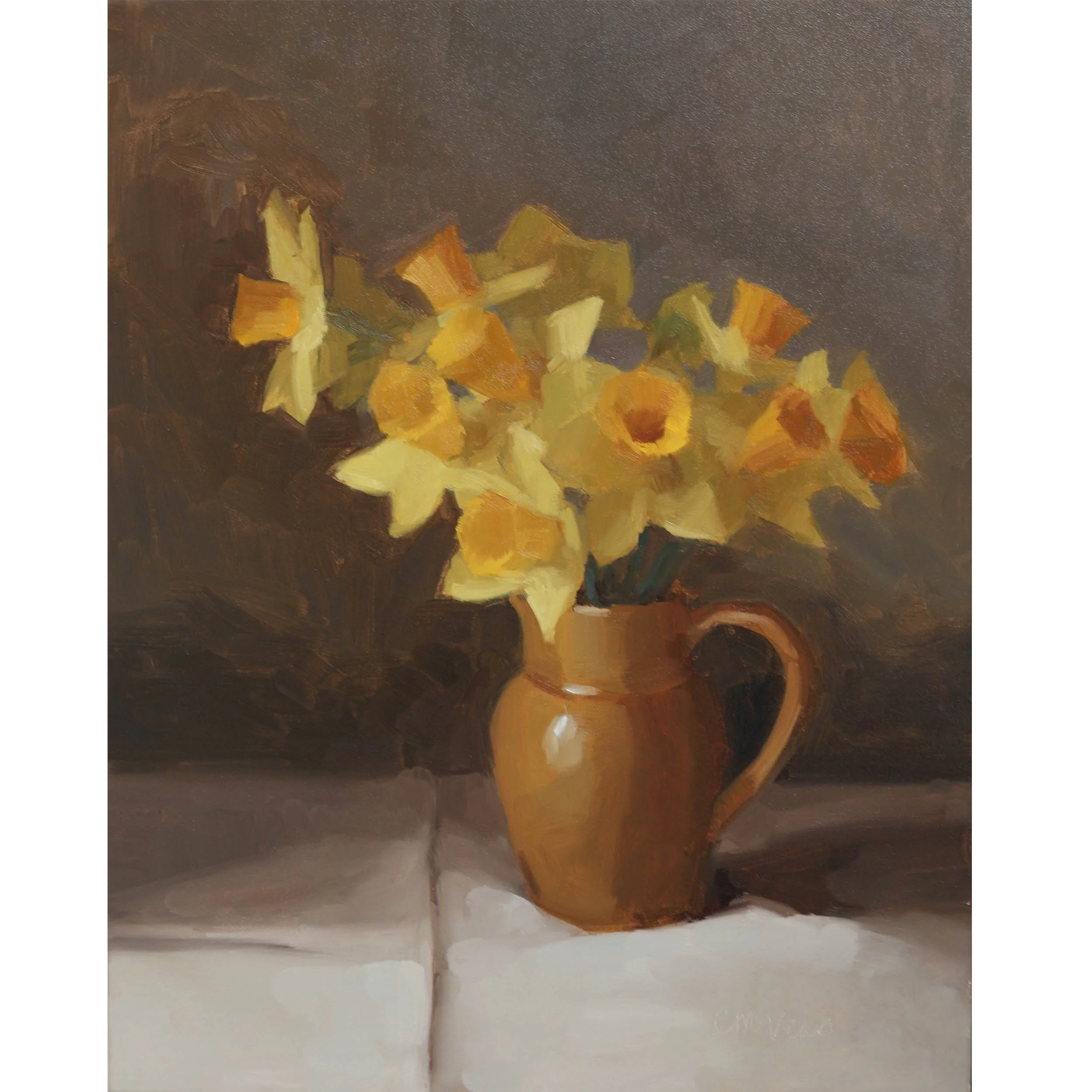 Painting of yellow daffodils in the ochre glazed jug