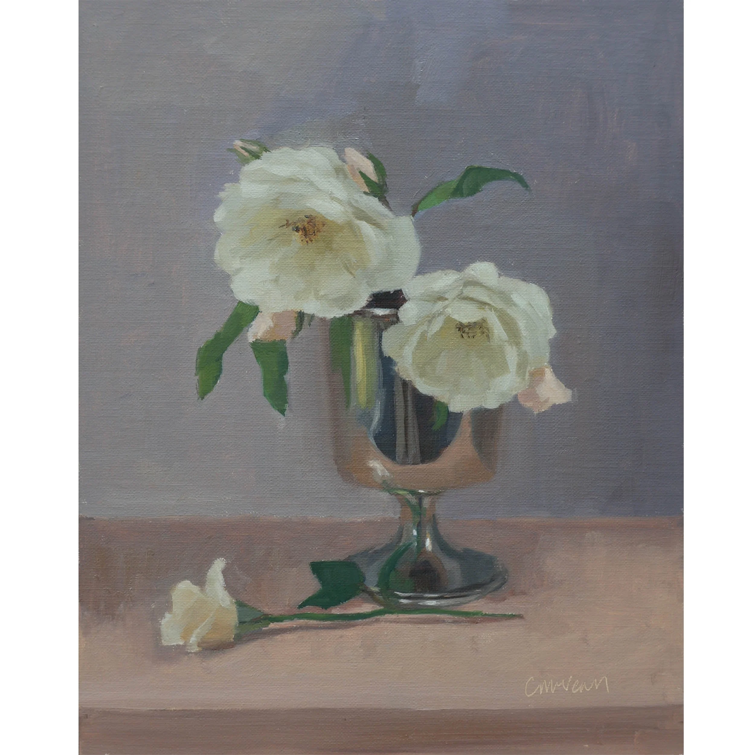 Climbing roses in an antique silver cup painting