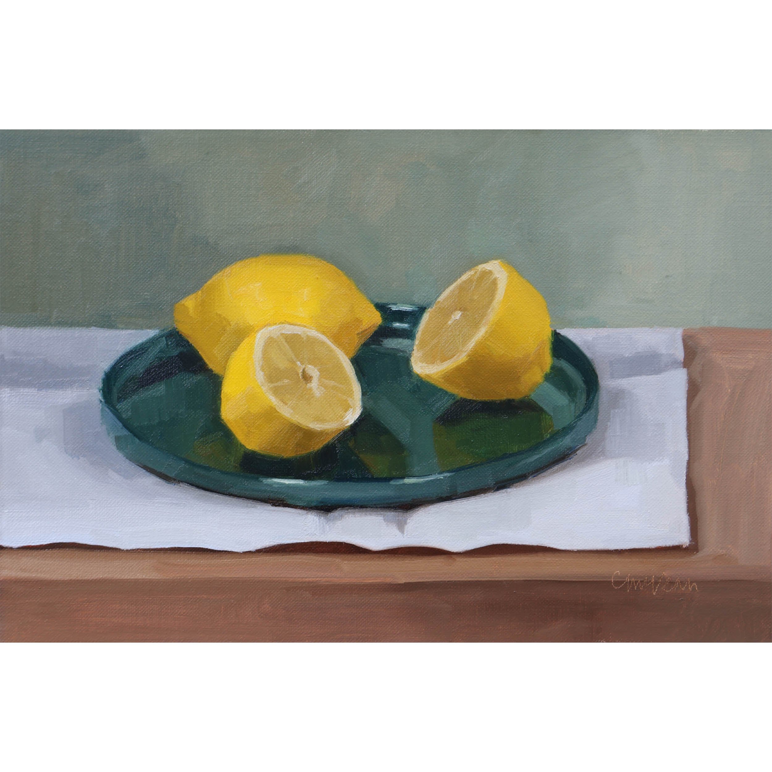 Lemons on a green ceramic plate painting